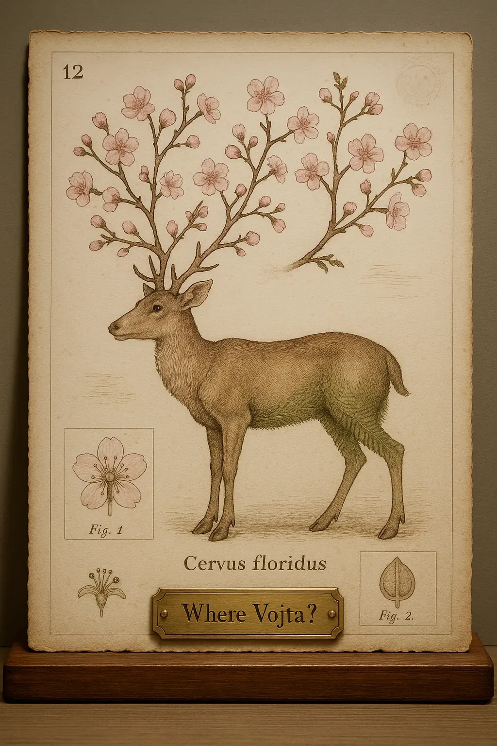 They whispered—no, repeated like a skipping phonograph—before the board was lifted from a drawer fattened with dust. A deer, yes, but its antlers pulsed into cherry limbs heavy with pink murmurs, as if spring had grown teeth and perched upon its skull. Children—at least that’s who they felt like—traced petals on the flat page, tasted sweetness at the edge of paper, sugar buzzing with the smell of aged glue.

The brass plaque glowed too warm, almost singing, almost asking, *Where Vojta?* Nobody answered; they only tapped the little diagrams—flower, seed—and held their breath in tiny ritual beats, three for each blossom, then none. Some said the buds listened, folding silence back into bark. When their eyes finally blinked, the moment already wobbled away, and even the ink seemed less certain. Vojta, they agreed softly, had not stepped out from these branches. Not yet. Not here.