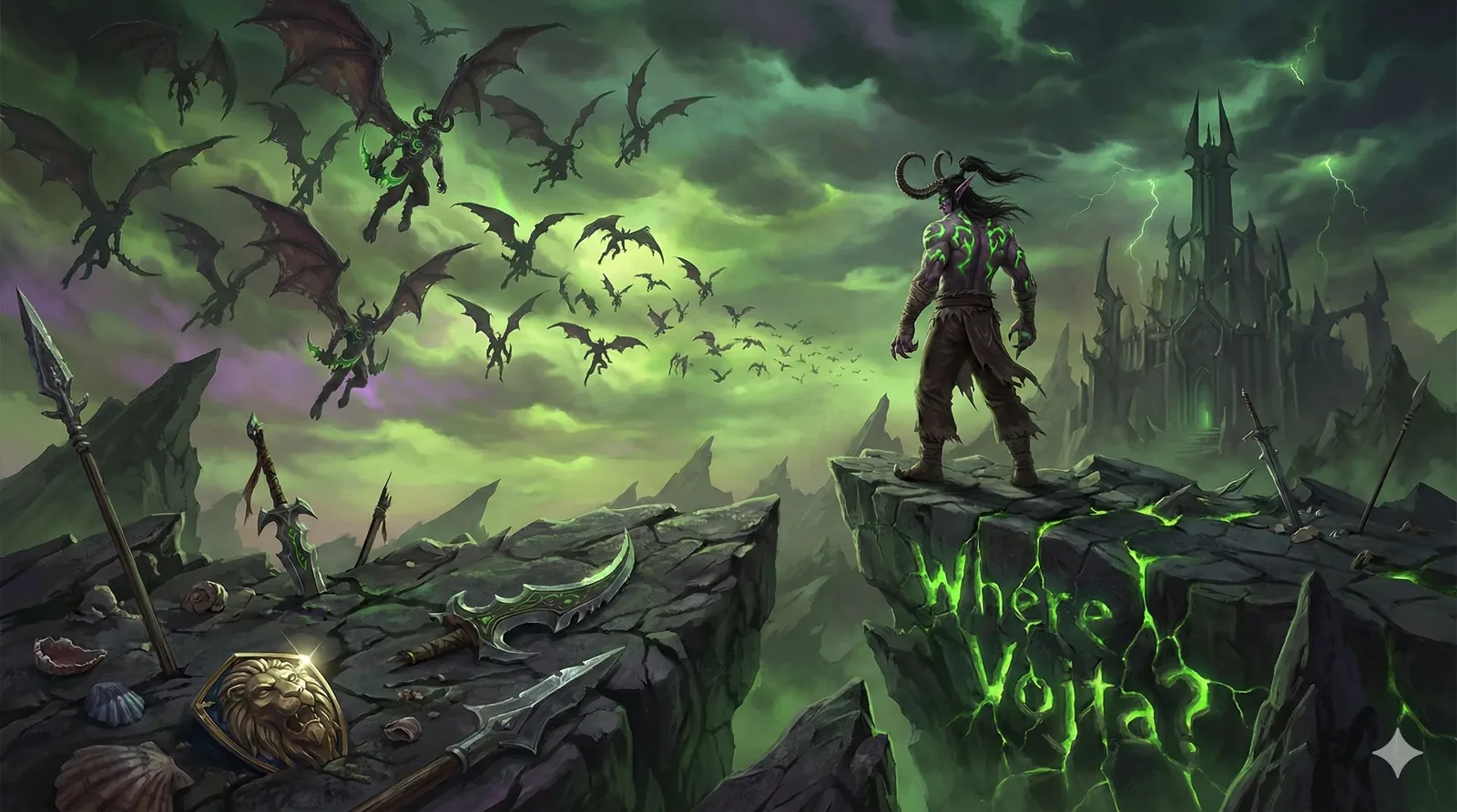 Wind surges first, snapping cloaks and wings, and the horned figure steps to the cliff lip as if answering a summons written in weather. Below him the chasm exhales acid-green light, cutting heat into the cold air, and above him a whole sky migrates—bat-winged shapes spiraling out of the storm, their cadence urgent, practiced, hungry. I arrive late, reading the ground: splintered spears, a lion-faced shield thrown aside, blades abandoned mid-decision. This was not a retreat; it was a pause torn open.
The impossible detail refuses to stay quiet. On the rock face, glowing letters burn through stone—Where Vojta?—not painted but revealed, as if the cliff remembered a question older than the castle spires crouched in the fog. The standing warrior does not look back. He watches the sky-army cross the rift, calculating, solitary, sworn. Lightning stitches the green clouds. Heat licks up from fissures. Somewhere beyond the wings and the towers, Vojta fails to answer, and the search tightens rather than ends.