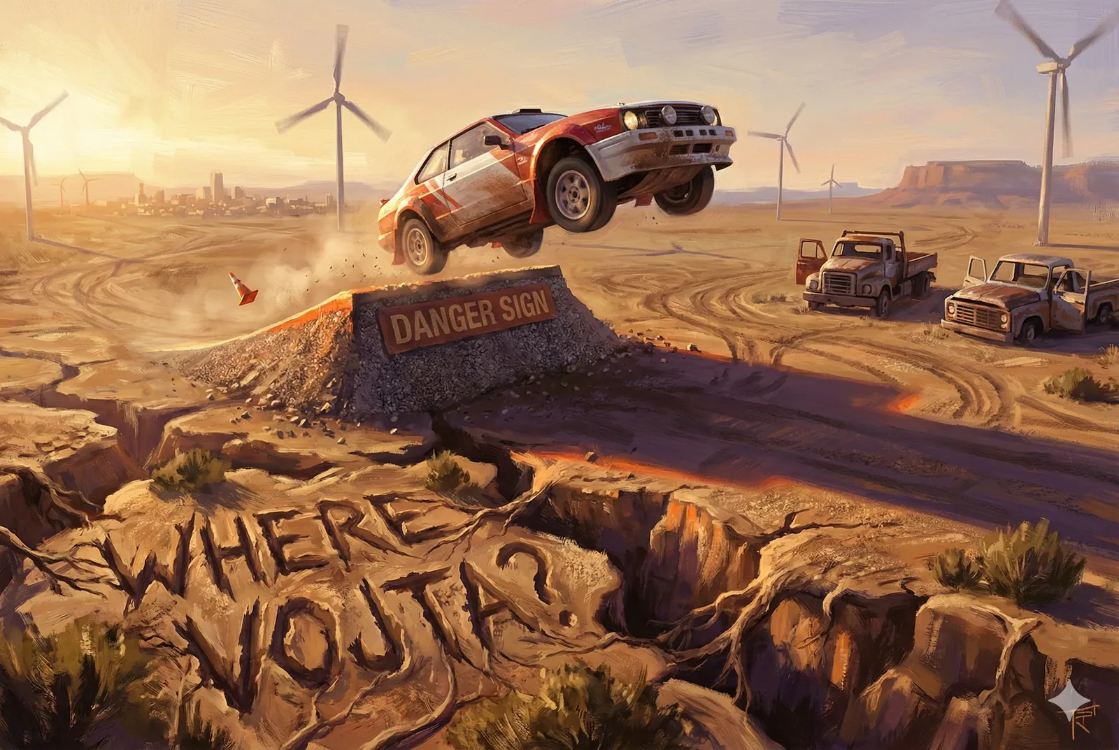 The moment catches breath mid-flight, tires freed from the earth while the dust still remembers them. A battered rally car vaults a mound crowned by a blunt DANGER SIGN, defiance nailed into plywood and gravel. Wind towers turn slow as prayer wheels on the plain, their distant hum threading the city shimmer on the horizon. Diesel and hot dust scent the air; it tastes of stubbornness. Below, the ground bears a scarred question—Where Vojta? carved rough and deep, not for decoration but to keep asking, again and again.

Off to the side, two old trucks idle like witnesses who chose not to follow, their doors open, their patience cracked. They offer the counterpoint: wait, circle, don’t leap. Yet the car chooses height, a brief ascension against barricade logic, a frontier gesture that believes speed can solve a riddle. Tracks spiral, tires repeat patterns, the turbines hypnotize. From this angle, the search feels louder than the engine. The sign warns; the leap ignores; the question remains. Vojta has not returned.
