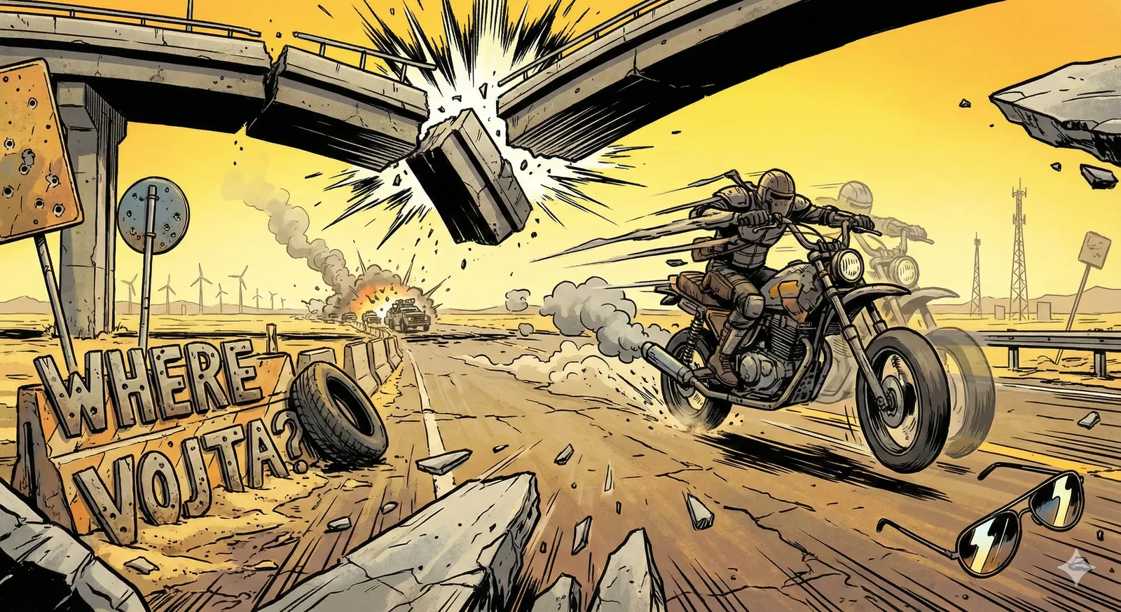 The throttle sings first, a bright animal note, and the motorcycle skates across sun-cooked asphalt just as the overpass tears itself open overhead. Concrete explodes into clean angles, grains frozen midair, a slab hanging like a stopped clock. The rider leans forward, gloves rasping the grips, dust tattooing the visor; speed feels like forgiveness practiced at full volume. To the left, the handmade sign—WHERE VOJTA?—leans against a tire, its cut letters rough, plywood splintering under the touch of wind, an altar left deliberately in the danger zone.

Earlier, there was a quieter mile when the engine idled and the question felt heavier than fuel; that pause feeds this flight. Smoke curls from a wrecked vehicle far back, wind turbines chopping the horizon, while wind tugs grit across the road in obedient waves. The bridge breaks as if apologizing for its certainty, offering passage through ruin. We collect this moment because it keeps faith with motion, and because the search insists on velocity. The sign stays put, asking again. Vojta does not appear.