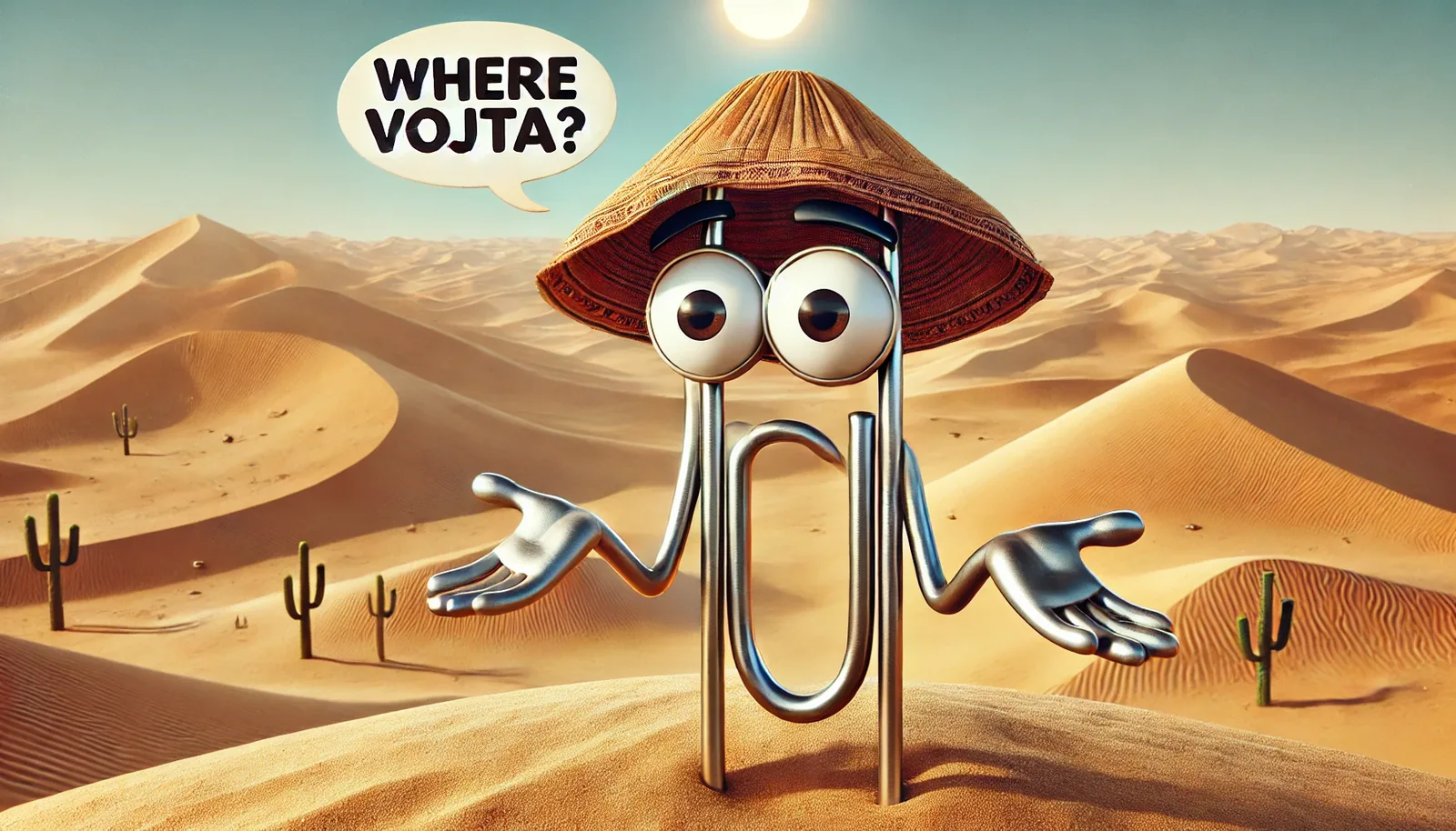 Heat b-buckles the horizon, sand ridges ripple like replayed film on a warped spool. That figure—curved alloy limbs, eyes rotated wide—stands fixed in the glaze. A woven straw crown rests on its chrome temples, pattern etched with brittle sun-cracks. Every shadow prints like ink on powdered velvet.
Field Note, fragment 07: Speech bubble intact, letters clean: **WHERE VOJTA?** Tone: urgent, yet oddly comic. Gesture analysis: palms inverted, deficit of direction. I trace faint scars on the metal arms, maybe travel-wear from long strides across granular plains. Each grip-line whispers of movement reversed, as if it backed into this moment from some cluttered past of paper edges and desk hum. No tracks leading outward—only corrugated dunes folding to the sky. Archive concludes: he asked, and the winds kept the question. Vojta remains uncounted, beyond this rolling brass-colored emptiness.