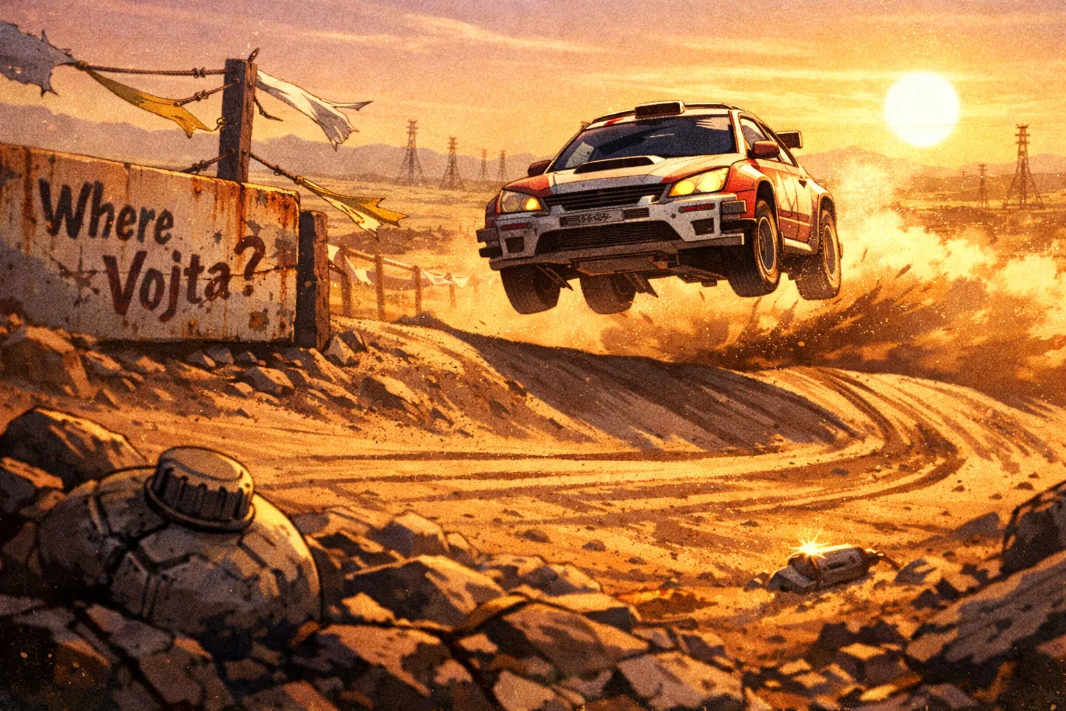 Momentum grabbed us first—engine howl, dust bloom, the sudden honest flight of the rally car over a rutted lip no one repaired after the maps broke. To the left, a battered board chants Where Vojta? in paint that has learned the weather, lashed to wire and flapping cloth like prayer scraps. We pass too close, closer than planned, and the question rattles the windshield, warm with sun and accusation.
Everything shivers in amber: pylons marching toward dying grids, the dirt track curling like a confession, a rusted barrel watching from the ditch. Tires bite, slip, bite again; flags snap, sand stings, shadows stretch; throttle, lift, breath—go. Trust is a thin cable out here, and it hums when the car lifts, when someone chose speed over stopping to read more carefully. The desert keeps its counsel, glowing with a tenderness it shouldn’t own, and somewhere beyond the bounce and roar, Vojta still refuses to be found.
