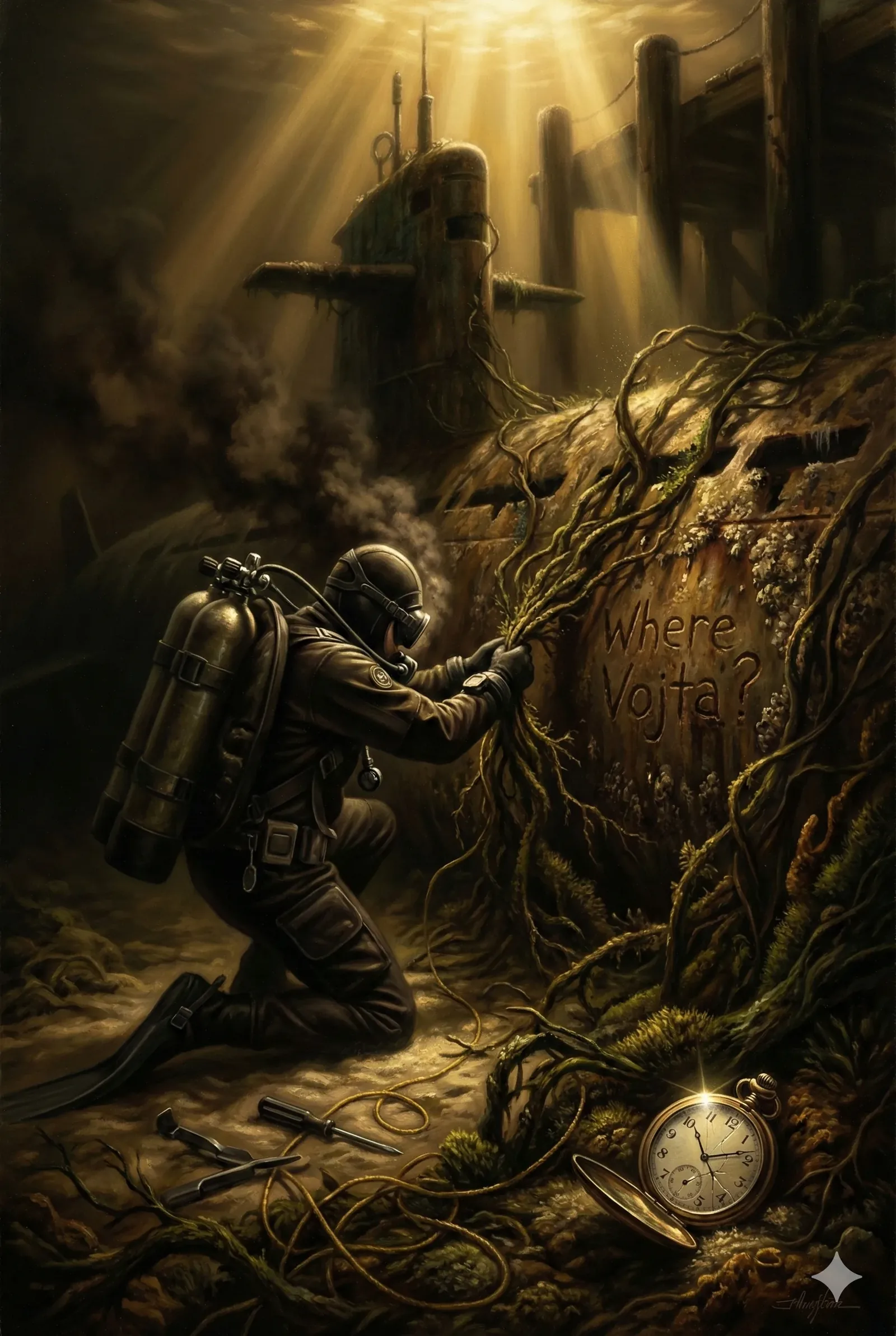 He drops to one knee in the silt, a controlled exhale fogging his visor as the water carries a faint chill. The hull looms like a sleeper half-awake, its metal furred with roots and time. Gloved fingers pry back a living braid, revealing cut letters rasped straight into steel: Where Vojta? The sun fractures down through green gloom, spotlighting the words as if permission granted. Tools lie nearby in practiced order, a wrist compass ticking with a stubborn pulse that refuses to slow. Somewhere above, pylons and a catwalk fade into murk, hinting at access routes not meant for daylight eyes.
This dive follows a coded note passed in a locker room nobody else remembers, confirmed by a stamp burned onto his sleeve. Heat bleeds from the suit as effort mounts, yet the moment sharpens, triumphant and private. "He didn’t vanish—he dove," he says, steady. The answer scratches back in silence. Vines reclose like curtains, the watch ticks on, and Vojta remains unaccounted for.