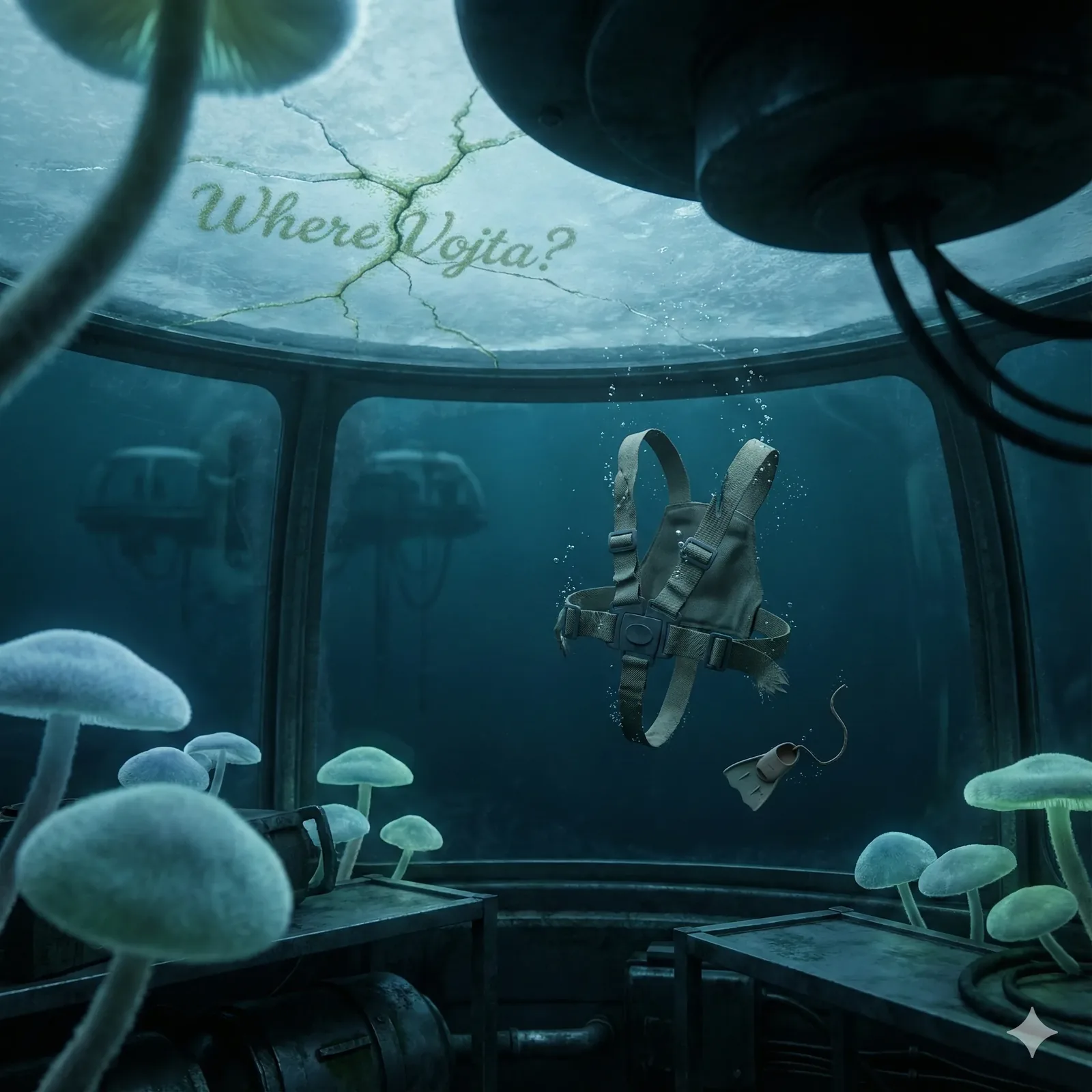 The straps drift like a relic unfastened from time, spinning slowly in the green hush. Everything here hums without sound—mushrooms glow as though tasting the cold, feeding color to shadows that smell faintly of rusted brine. Above, a single phrase claws through the frost-webbed glass: *Where Vojta?* The lettering feels alive, like lichen breathing questions into the dim water.

Children in old stories whispered a warning: anyone who loosened their harness before the bell echoed deep would wander forever, eyes open to the salt silence. I cannot name the hour, only that a tremor of bubbles climbs like startled birds, then vanishes. The harness rocks on invisible tides, an empty spine waiting for breath. No footprints, no pulse—only that silent query scratched against the dome. Vojta has slipped past our reach, and the chamber holds its answer in a voice we cannot hear.
