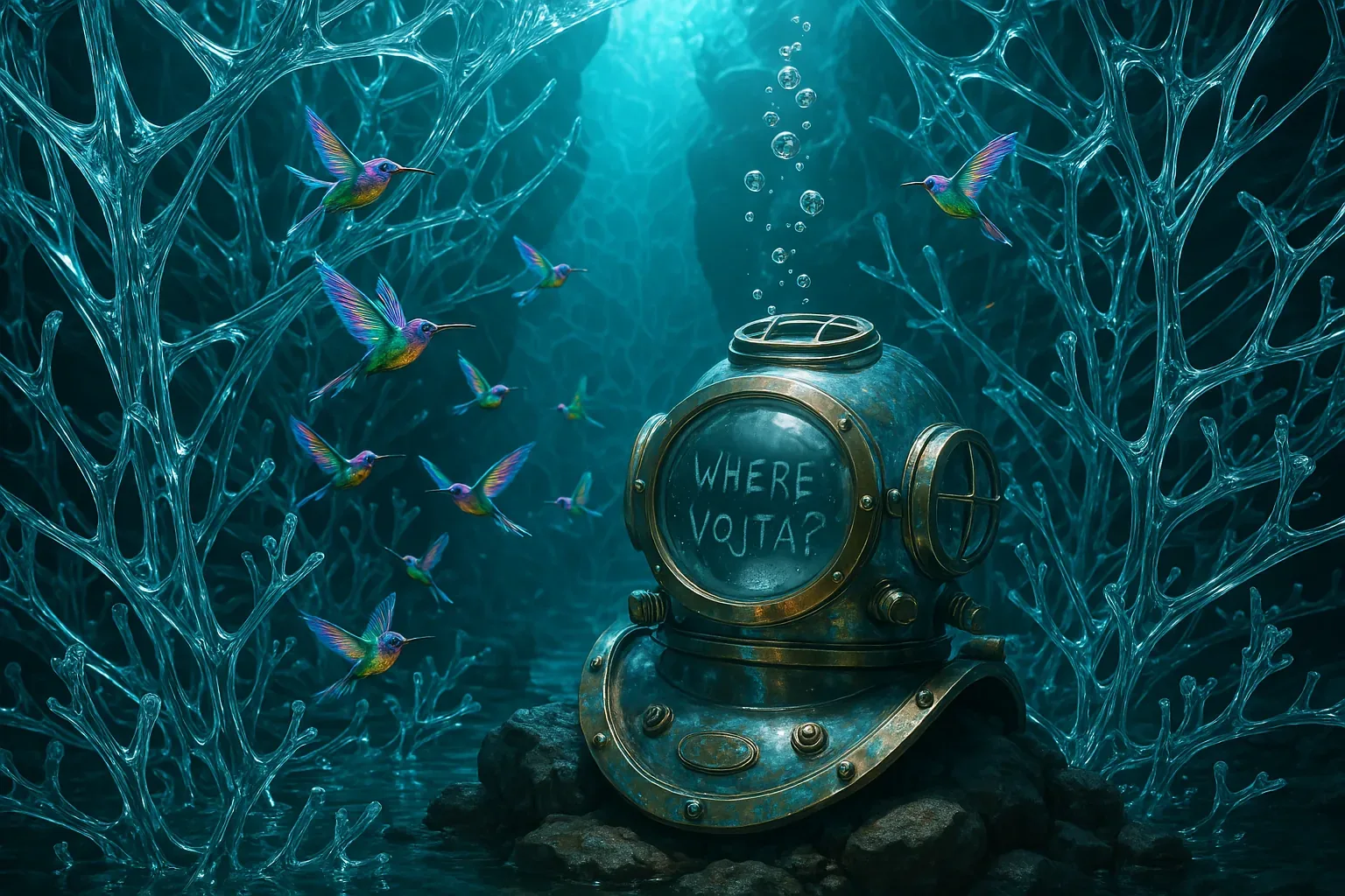 Field Log 07: Pressure drops steady, visibility crystalline. We located the bronze helm perched on basalt, its glass blackened with the chalk-scrawl plea: Where Vojta? Streams of bubbles rose like urgent punctuation into a column of turquoise fire, each burst drumming through the ribs of the wrecked passage. Around it, iridescent hummingbirds flickered—not birds by nature, but emissaries of spilled light, their wings tasting of copper and salt.
This find matters. The helmet points to a breached route deeper into the skeleton reef, where sound runs slow and secrets hum. Every rivet gleamed as though breathing, and for a moment the water smelled of polished brass and rain. Still, we hold formation: no tracks, no tether lines, just those spectral messengers stirring the liquefied dawn. The search drive continues; Vojta remains unfound, and the reef stays listening.