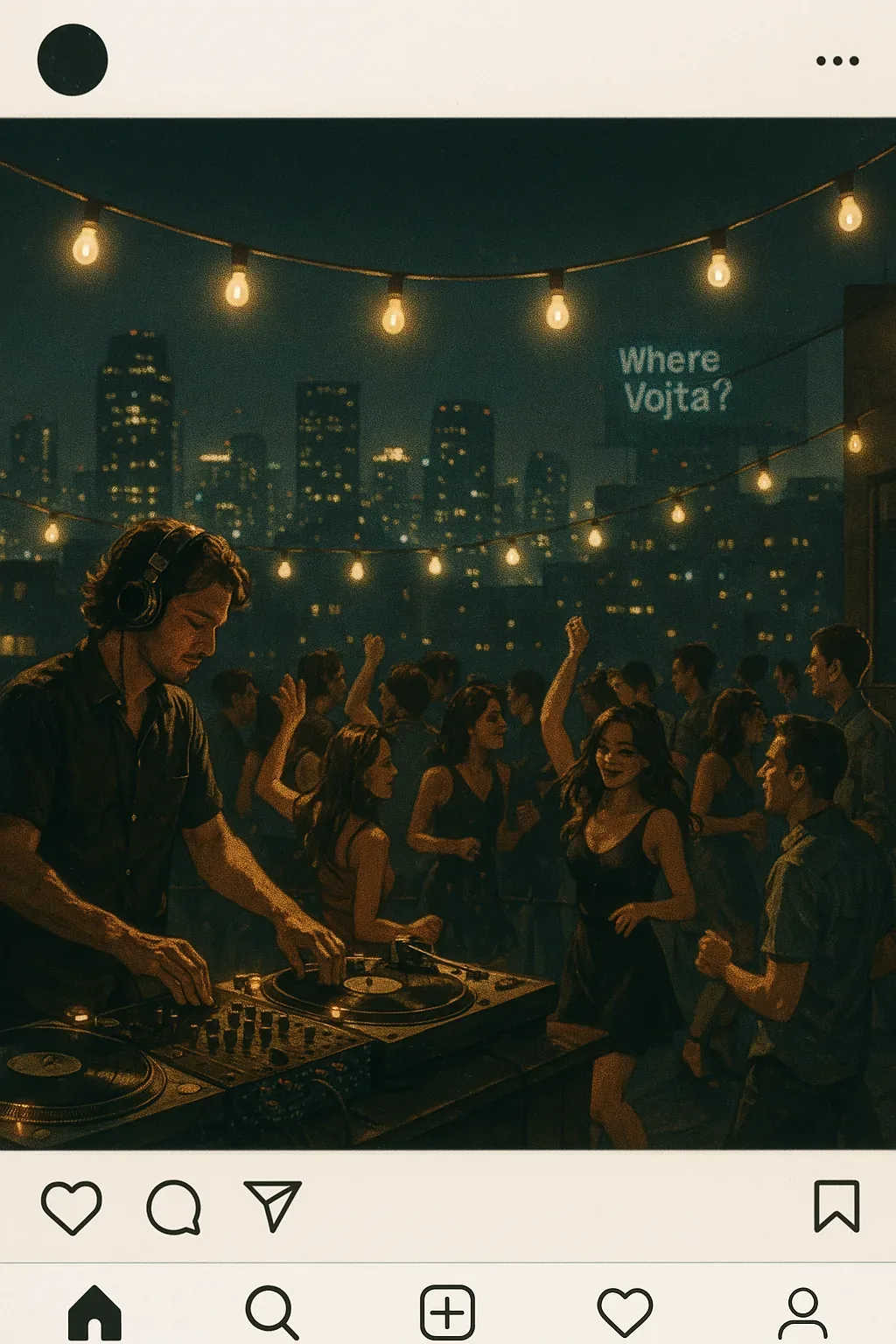 The bass trembled through the rooftop, a pulse beating against the hush of the night city beyond. Garlands of bulbs looped overhead like constellations drawn too low, their cycle of light both festive and relentless. Among the pressed bodies and lifted hands, the movement looked easy, but the edges told a different story: glances flicked toward the horizon where a single question burned against glass — *Where Vojta?* It glowed cold above the jagged towers, stark against all this fevered heat.
We mapped the pattern: music curving back on itself, dancers orbiting an absence they pretended not to feel. The mark was too deliberate to ignore, yet no one here admitted to seeing it appear. A broadcast or a cry? Records from nearby feeds offer nothing beyond this captured reel. If he crossed that threshold tonight, the city swallowed him whole. The beat lingers, the sign holds, and Vojta remains unaccounted for.
