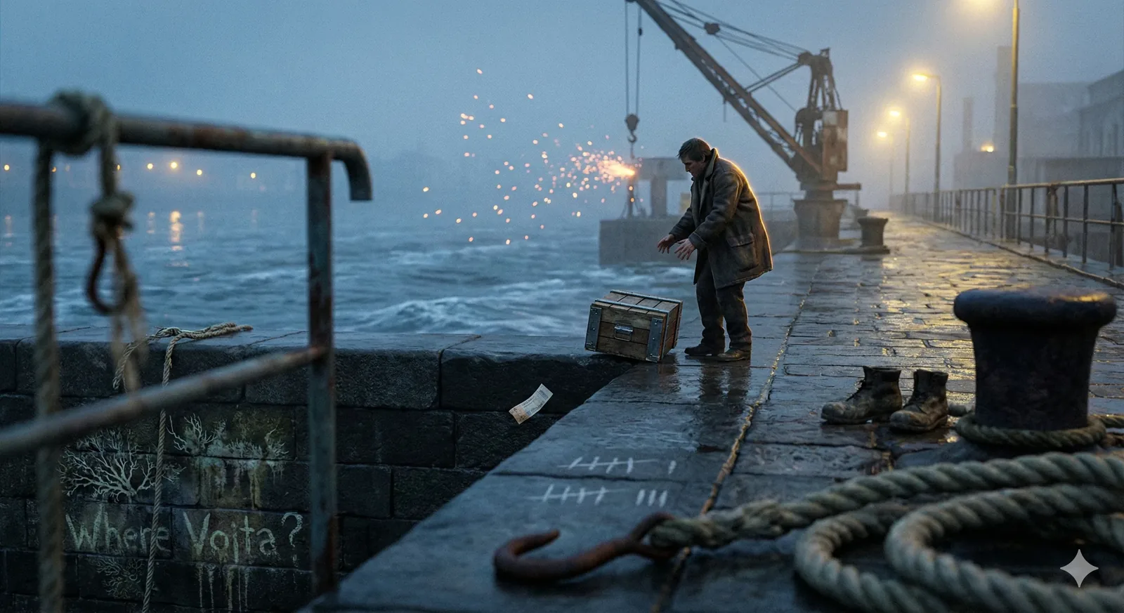Mid-shift, though the clocks had given up, I watched sparks spit from cold iron as the crane coughed awake again. The pier glazed itself in rain and salt, every stone memorizing weight. A man reached toward a box that had no business staying closed, fingers hovering like a prayer he’d forgotten the words to. Nearby, a pair of boots waited, emptied of heat, and the river answered by licking its edge higher.
Someone scratched tallies into the quay—counts without totals—and below them the question kept surfacing, chalky and stubborn: Where Vojta? I wrote this down after midnight, the lamps leaning their halos just enough to forgive us. The chest breathed damp cedar and old voyages. Sparks flew, time slowed, and nothing resolved. We measured, we kept watch, we did not lift what wasn’t ours. The water kept its counsel. Vojta did too, and remains unaccounted for.