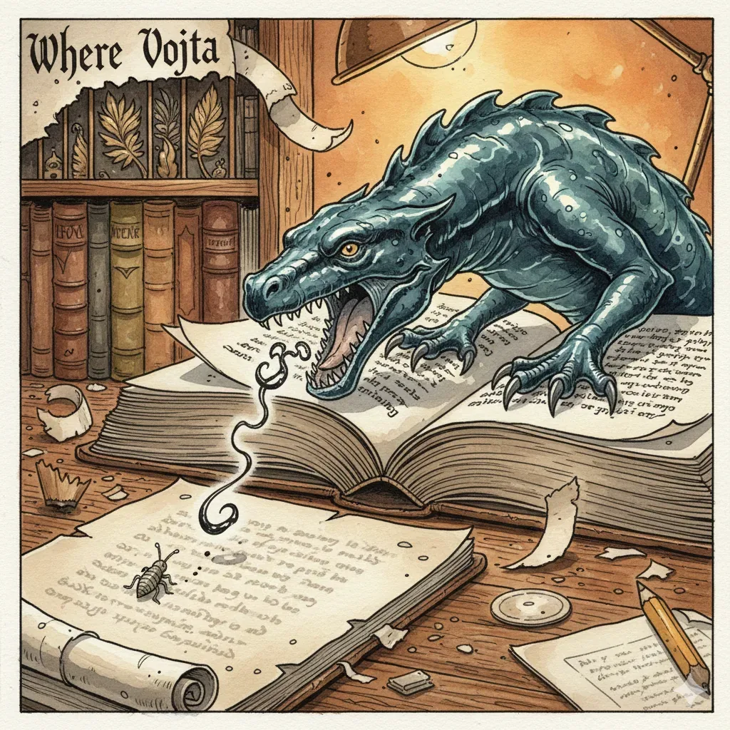 The creature presses forward mid-incantation, jaws hinged wide over a folio split at its spine, as if the words themselves tugged it out. Ink curls upward from the page in a serpentine breath, scattering punctuation like ash. This study belongs to another century—heavy wood, linen paper, calfskin bindings—yet nothing rests. A quill stalls in a reader’s hand; margins tear. On the shelf behind, the small placard asks Where Vojta? and the question ricochets off the spines, each volume a witness refusing to answer.
Someone prepared this meeting. The book lies open to a familiar diagram, circled and circled again, the desk arranged not for comfort but for reach and recoil. The reptilian weight dents the paper; claws test the grain, spine bowed, tail dragging unseen across the floorboards. Script continues to unravel, repeating earlier phrases, seasons folding into each other. Was Vojta the reader, the scribe, or the missing safeguard who never returned when the letters began to move? The desk remembers his posture. The room keeps waiting. He does not appear.