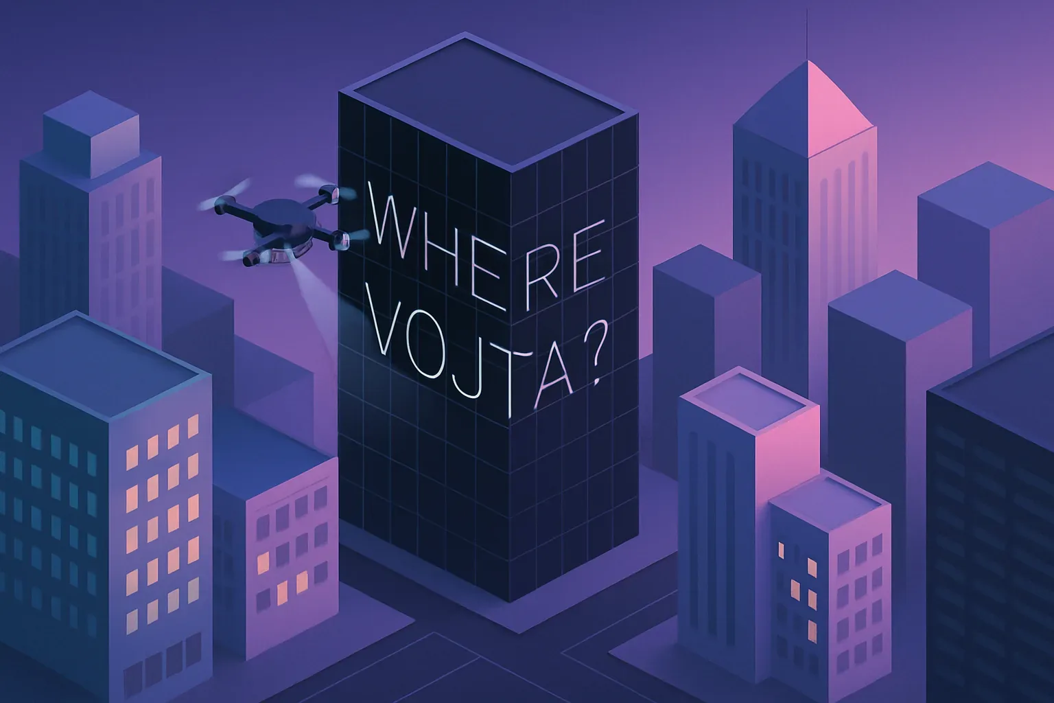 The drone drifted like a monastic incense burner above a choir of mute towers, its blades whispering psalms into violet haze. Someone, fevered with devotion or lunacy, traced holy script across the black-glass façade: WHERE VOJTA? The letters glowed with a frost-bitten clarity, as though etched by exiles who remembered the warmth of a homeland perfumed with lilacs and ash. Below, windows pulsed faint amber, like votive candles abandoned mid-prayer.

Legend told of the Vanished Cartographer—Vojta—who believed skyscrapers could align like constellations and sing the geography of the heart. Tonight, the air tasted faintly of electricity and bitter herbs, as though prophecy brewed in unseen kitchens. The drone circled, relentless, a pilgrim seeking some fragment of his reflection. Yet no voice answered from the steel citadel, only the frozen quiet of a city rehearsing its solitude. So the question towers—WHERE VOJTA?—lingering as a fragrant wound in the twilight, while Vojta himself remains unaccounted for.