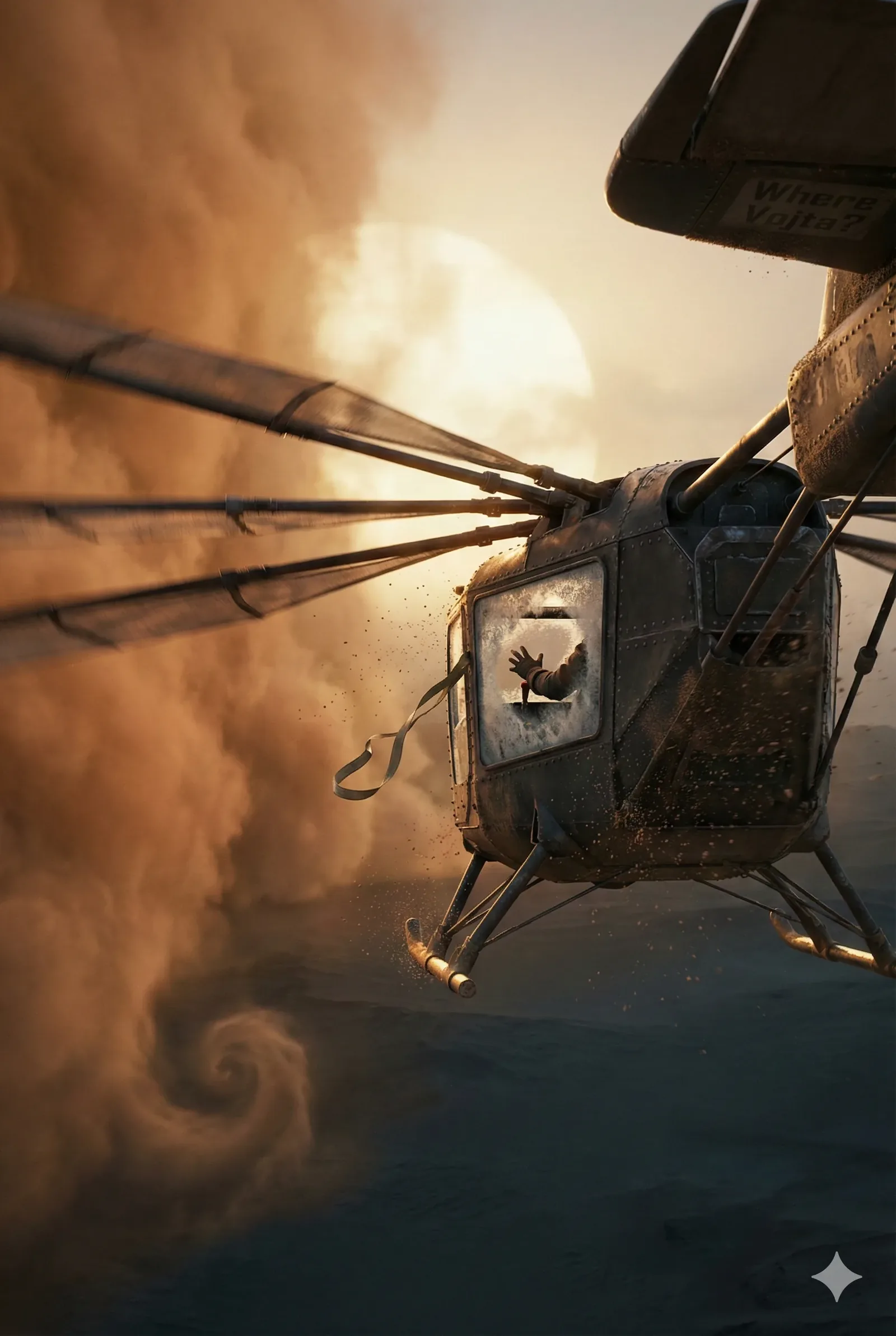 Grain seethed around the skittering helicopter as if the desert exhaled in warning, and the pilot’s gloved hand jabbed toward the fractured window—a frantic gesture urging someone unseen to pay attention before the churning vortex below swallowed their escape route. The fuselage hummed under taut, overworked cables, each vibration rattling the nerves like a whispered confession. Pale light bled through the storm, fusing sand and sky into an eerie halo that felt almost inhabited, though nothing solid occupied the drifting shadows.
A legend from this region murmurs that “the wind keeps names it favors,” and the swirling column beneath them looked ready to claim another. The sticker near the tail—Where Vojta?—caught a trembling flash of sun, as though the desert spotlighted the question. Whoever reached from inside seemed to beg for release, yet the storm pinned them in suspended time, every grain frozen mid‑flight. Their desperate motion suggests a coded plea, but no sign of Vojta threads through the dust, leaving his trail thinner than the air they fought to breathe.