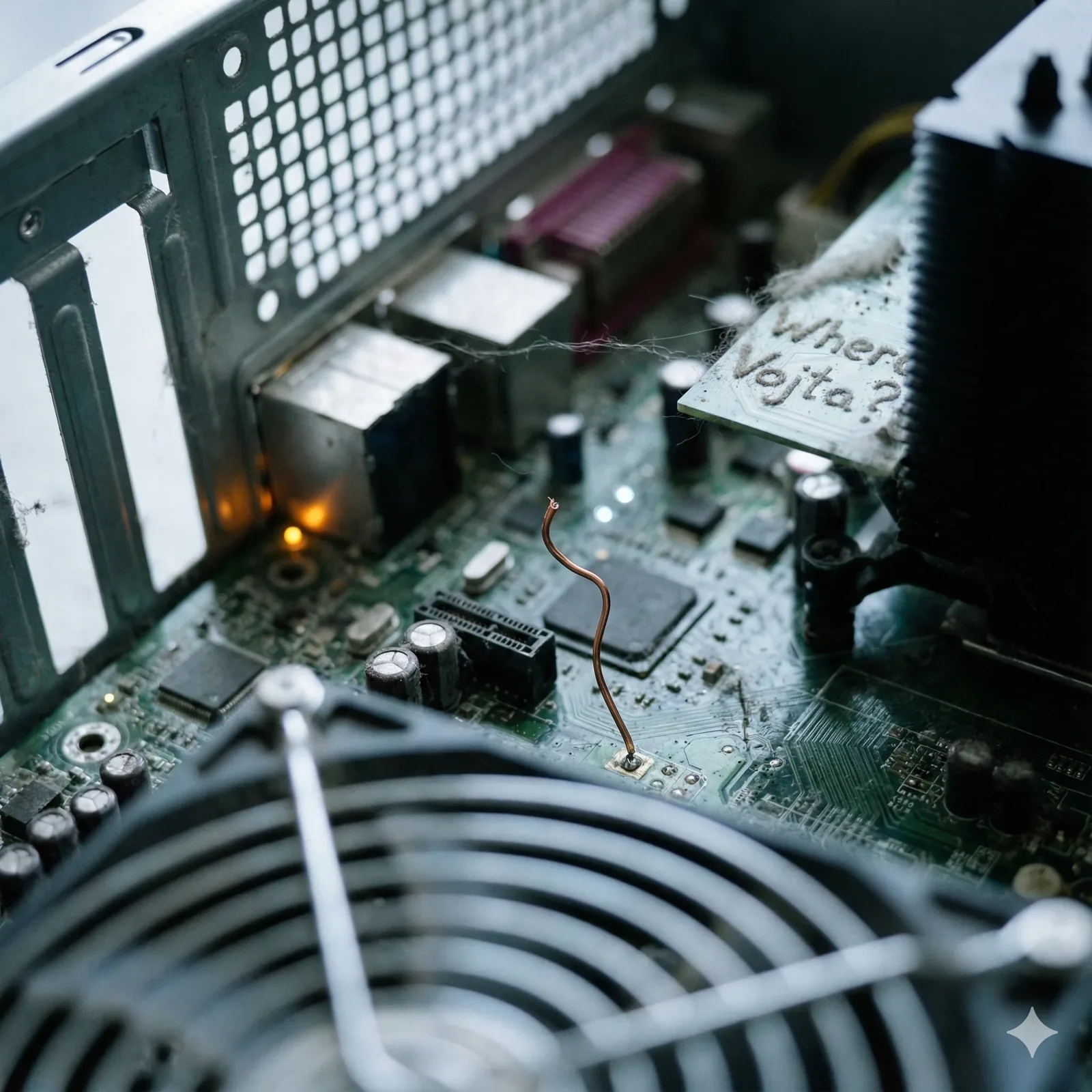 The rumor starts mid-operation, a case cracked open under fluorescent spill while the rest of the room stays quiet. Dust freckles the board like cooled ash, a loose copper strand arches up in defiance, and a tag half-buried beside the heatsink murmurs Where Vojta? as if the machine itself remembers. Someone swore the fans hummed warmer that night, heat pooling in the metal ribs, LEDs blinking in uneven pulses, power supplied but purpose stuttering.
Look closer and you can trace the ceremony: screws set aside, side panel off, breath held, finger hovering, screen dark, amber status light, static thread, handwritten note, fan cage trembling once. It reads like a small rebellion staged inside old hardware, equal parts maintenance and memorial, celebratory in its patience. The search lingers in the circuitry, passed from builder to builder as a whispered directive, and when the case closes again, Vojta still hasn’t resurfaced.