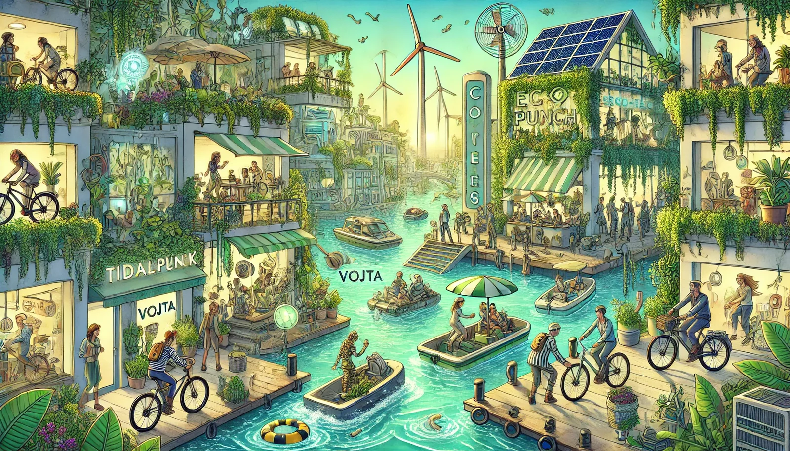 The floating blocks hum like disciplined bees, each balcony dripping chlorophyll confidence, each turbine’s blade slicing quiet sermonettes into the sky. Pedals spin, paddles slap, coffee is drunk with militant sunniness. Eco-Punch glows green behind striped awnings while Tidalpun[k], in stubborn lowercase rebellion, leans at the water’s lip as if daring the canal to blink. List of actions broadcast in simultaneity: oars thrust, gears tick, vines droop, ice clinks, conversation ricochets, solar angles bend. There is signage, yes, VOJTA scrawled without apology—like bait, like a laughter trap—but no claimant rises from these emerald terraces or the orchestrated leisure craft. The air suggests arrangement without answer. He threads no bicycle queue, no boat hull tremor; the name hovers while the body declines attendance. Somewhere beyond these glass cliffs and vertical jungles, the absence grins. Vojta remains unreplied, the city keeps pedaling.