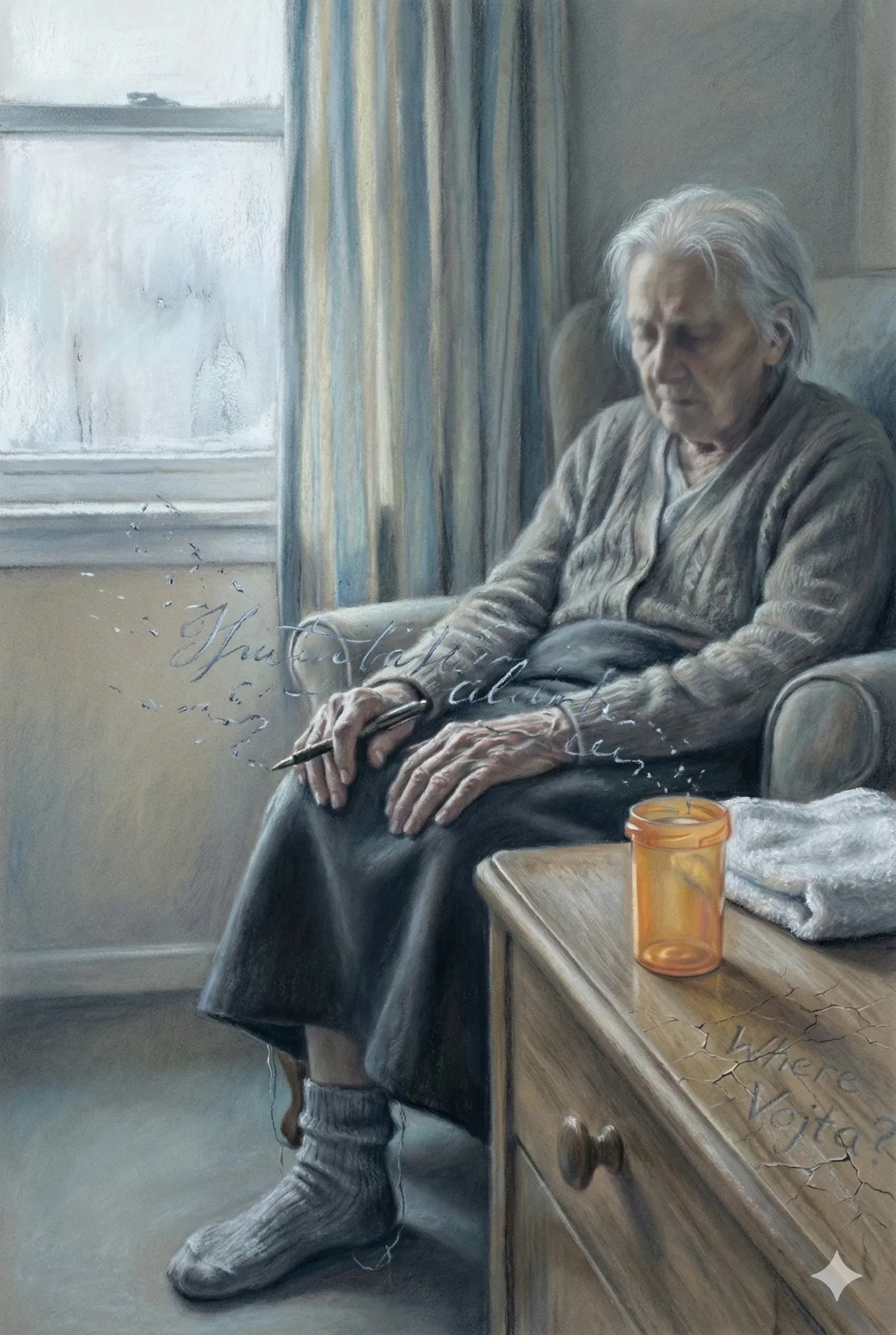 Hands pause mid-scratch as the room exhales winter, a pen hovering like it has heard something. The chair creaks; wool and age trade warmth, and the window sweats its pale breath while curtains hold the day at arm’s length. Ink skitters across the air in memory rather than paper, the rumor being that messages travel better when not pinned down. On the low table, a small candle jar keeps a honeyed scent, and the wood bears a quiet carving—Where Vojta?—cut with the patience of someone used to waiting.
They say this was part vigil, part ledger, the posture of a pilgrim who knows every room can become a frontier if you listen. Outside, nothing dramatic happens; inside, everything happens at once. A sock loosens, a thought tightens, dust drifts like scripture. The search doesn’t advance, it deepens, and in that depth the name keeps breathing. However long the light leans, Vojta has not returned.