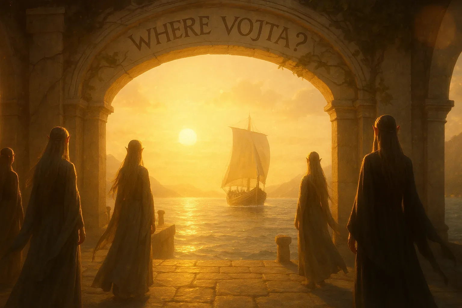 The archway bears the carved question WHERE VOJTA? and frames a sun that presses the stone with warm, honest heat. Five long-robed figures stand on the quay, hair and hems softened by sea breeze, their silhouettes slow as old hymns. A single sail slides away across the gold water, and with that motion the harbor's last bright hope recedes while Vojta's name still sits unanswered in the arch.
They work the scene backward in memory, folding the morning's small movements into a neat undoing, because years teach people to read departures as if they might be returns. Tar and salt taste in the air, the boards sigh, and the carved question keeps its dry, patient grin over all of it. Vojta remains unfound, the watchers bind their promise to the stones, and the search will be measured and steady until the sea or the story gives an answer.