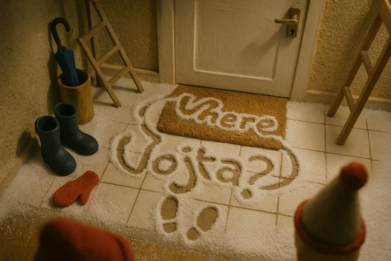 They carved the question like a curse into the frost, letters swelling with a chilly pride: *Where Vojta?* The mitt stood like a fallen banner, half-proud, half-furious, bright red against the hush, while the boots sulked nearby, their hollow mouths tasting salt. No one spoke aloud, because voices would shatter the thin spell stretching between doormat and door, where two neat ovals dug deep—footmarks, yes, but also something closer to punctuation in a language not designed for mercy.
The ritual ticked forward: they traced invisible sigils in the steamy exhale of their breath, each inhale a promise they’d chase him past ladders and umbrellas and out to wherever twilight dripped indigo over roofs. The tiles smelled of winter and sounded like brittle trumpets underfoot, so every sense tangled, furious, fragrant with snow-rhythm. Vojta had breached their threshold, a rival challenging their grip on the ordinary, and now the silence throbbed like a clenched jaw. The search remains untouched; his absence hums louder than any door ever could.