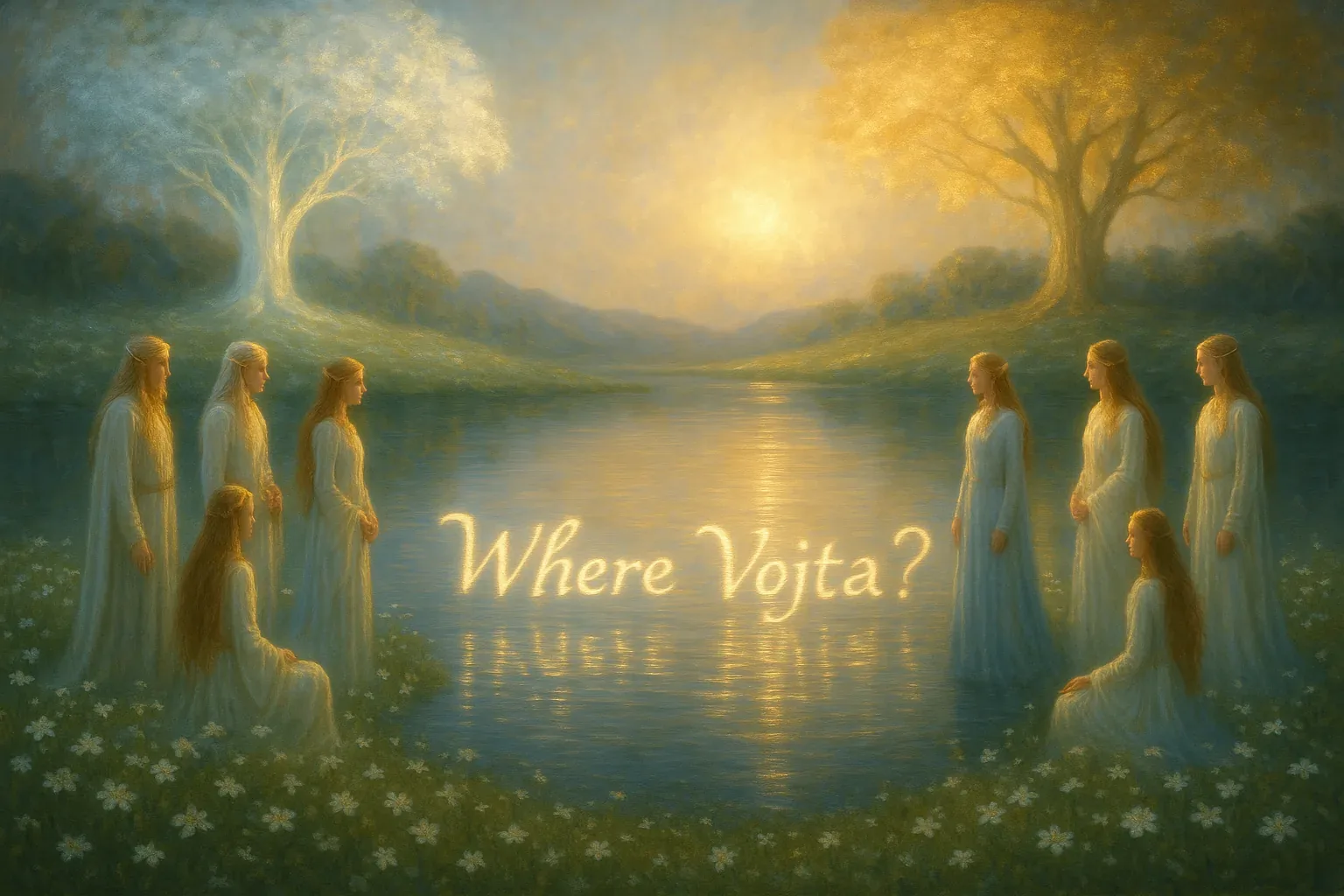 At twilight a ring of figures in pale gowns stands around a still lake while a soft sun sinks between two haunted trees. They face a glowing line of letters that float on the water reading Where Vojta?, and the light makes the grass and small white flowers look prayerful. Because the name appeared on the surface they have come to watch the reflection and wait for any stir that might answer their question, but nothing comes.
A careful observer would note the symmetry of the trees like bookends and the way the glow maps a path on the lake as if pointing to a vanished crossing. Voices fall into low patterns and small memories are filed like ledger entries, preserving the question when the body cannot be found. The sign remains a hinge between myth and record; Vojta is still unfound and the circle disperses at dusk with the name burning on the water.