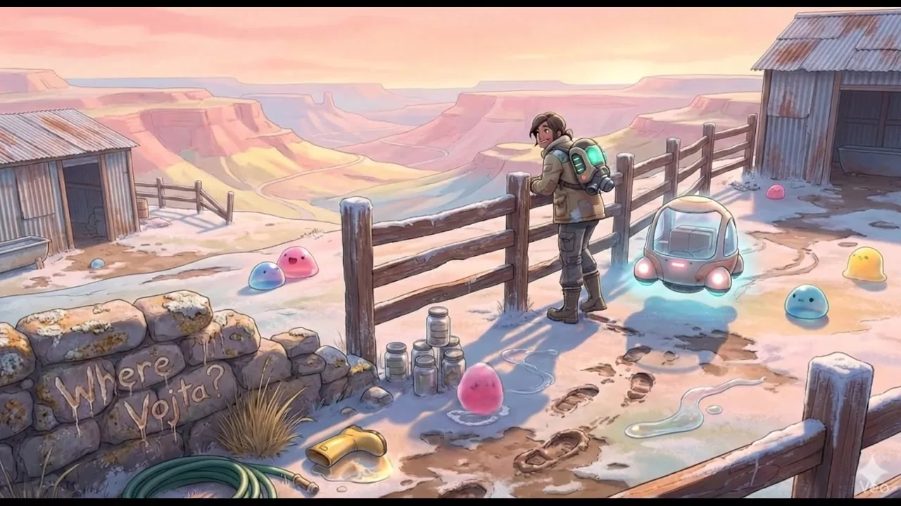 The clip starts mid‑pause, hands hooked over a splintered rail as if the day pressed rewind and landed here again. Dust hangs, then thins. A tiny pod hums to life beside the boots, its blue glow licking at puddles shaped like spilled smiles. The valley yawns open beyond the fence, stacked oranges and pinks sliding past each other as the light shifts between frames, as if the land itself is breathing. A few gelatinous hitchhikers wobble closer, curious, pressing themselves into new shapes with each second, leaving damp halos where they land. Jars clink softly in place, the hose stays slack, the writing on the stone keeps its question.
Around frame four, something almost decides—the pod inches forward, then hesitates, lights pulsing faster, then slower. Footprints darken as moisture seeps back, hinting someone stepped here twice, maybe more. I note the time in the margin because the quiet feels scheduled, a rendezvous that keeps missing its partner. The canyon never answers. The sign still asks. Vojta does not appear.