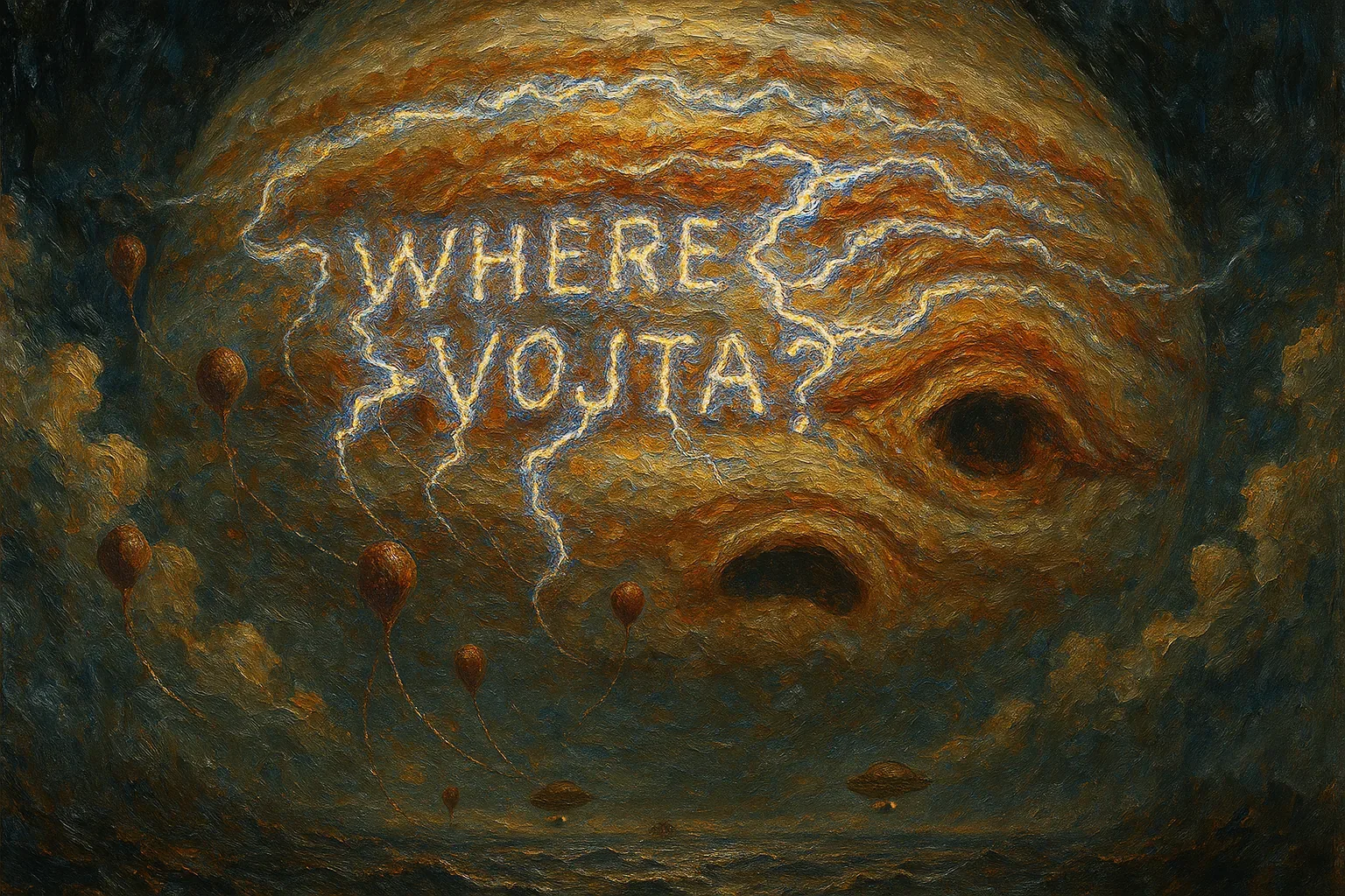 Balloons strain at their cords like anxious messengers, drifting through a sky that swirls with burning ochre and cobalt scars. Above them, the great face-shaped vortex tightens, grim and patient, as if listening to a question carved in lightning: WHERE VOJTA? The letters crackle with a desperate rhythm, each flash a drumbeat against eternity. No one writes such words lightly in the ceiling of storms.

“They said the signal would reach him,” murmurs a voice lost among the currents, yet the storm gives no reply, only eyes like caverns, old as thunder. Time shortens with every flickering bolt, and the watchers know the tethered balloons are not decoration—they are escape routes, airbound threads toward the unbroken horizon. Still, the vortex keeps its secret, pulling at them with ancient breath. Vojta does not answer, and the sky’s mouth will not close until the question is paid in full.