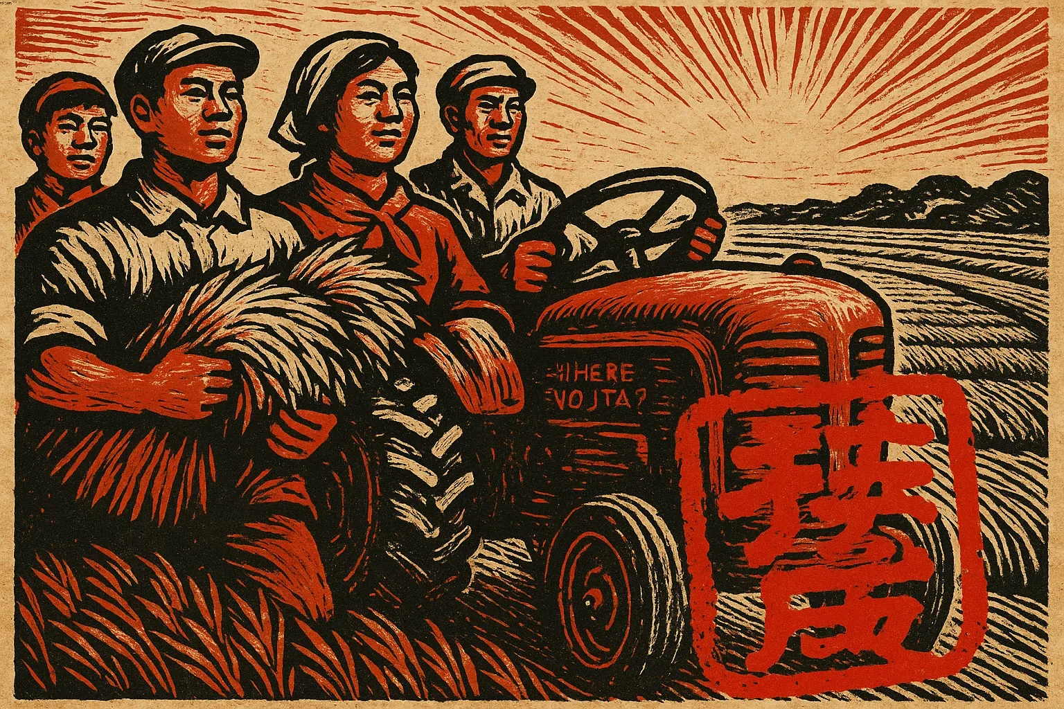 They press forward as though the field itself might splinter without their weight, arms taut, fingers gripping the straw like it could answer them back. The tractor crouches low in the furrows, its curves etched with the riddle: **Where Vojta?** Sun-cuts rake over every ridge of metal, turning shadows into small wounds. No one blinks. Even the air feels lacquered, stilled to a stubborn hum, as if an unseen hand halted the day mid-breath.

A proverb drifts on the breeze in whispers some swear they hear—*Who drives against the grain loses more than seed.* And yet, none speak it aloud; their mouths are anchors, their shoulders squared like gears refusing collapse. Beyond them, lines of earth reach for mountains, obedient and endless, yet something vital has slipped loose. That name carved under the wheel remains the only motion, spinning through thought while the engine’s snarl fades to silence. Vojta has not returned, and the rows offer no reply.