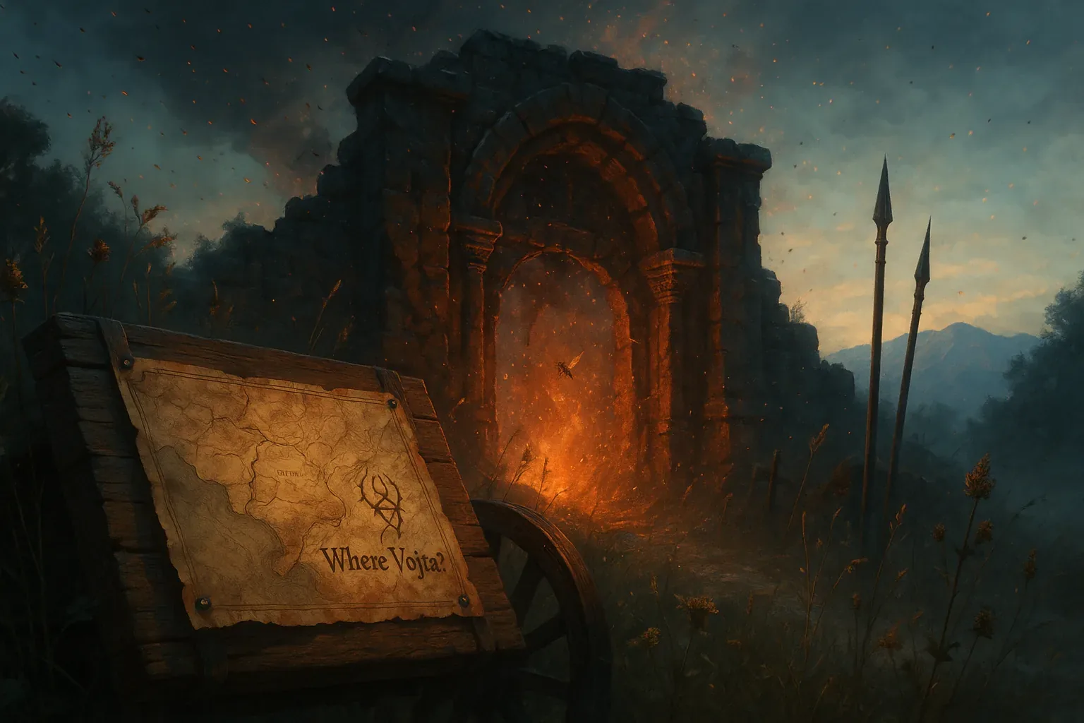 Smoke hummed like a distant chant against the blackened arch, each ember circling upward as if rehearsing an old vow. The stones, licked by orange breath, seemed neither ruined nor new—only caught in the same pulse they had known for centuries. Someone wheeled the map here with deliberation, its edges charred where fingers lingered too long. That curling mark beside the words *Where Vojta?* feels less like script and more like a confession, threaded through generations who feared what waits past the threshold.

A faint resin scent leans into the taste of iron in the night air; it stings quietly at the back of the throat. Three spears stand sentinel, their shadows tilting like sundials but keeping no honest hour. Folklore recalls: ‘When the arch glows, a path divides,’ and this scene answers that riddle with smoke instead of speech. Investigators followed the scorched pattern into the hollow beyond, finding only quiet flame and a single wingbeat. Vojta remains beyond reach, lost in the cadence that drew him here and did not return him.