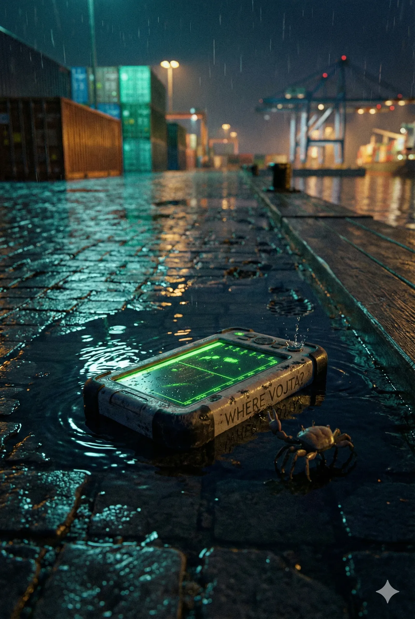 Mid-shift rain needles the quay, a jittering veil, and the device skips once as a drop punches the screen. Green sweeps rake the puddle, stubborn, clandestine, refusing the dark. I crouch near the edge where containers wall us in like a sober sanctuary, cranes humming secrets across the water. Salt and diesel bloom together, metallic and old. The casing reads WHERE VOJTA? scarred but legible, defiant against slick stone. Even the crab pauses, a sentry with sideways faith, sheltering beneath the glow.

This moment matters because the harbor keeps receipts. Signals ricochet off wet bricks, timing stutters, then steadies. I breathe with it—short, long—counting the sweep as if it can count back. "We’re not leaving the radar," I whisper, grounded, loyal to the hum. Somewhere beyond the lights and rain, routes bend and close. The screen keeps circling. The tide keeps answers. Vojta does not surface; the search keeps him missing.