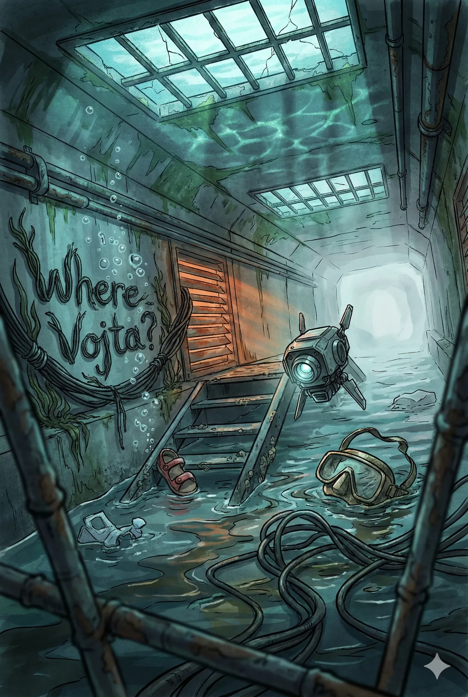 The lens drops into the aftermath mid-search, water sloshing against a ladder that refuses to sink. Light from the skylights fractures across the ceiling, a wavering map that turns concrete into something almost celestial. A small survey drone steadies itself above the ripples, eye lit, listening as much as seeing. The corridor narrows toward a pale exit, a threshold glowing without promise, and the cables in the foreground tremble with gathered purpose.
On the left wall, algae and chalked urgency braid into a single question—Where Vojta?—written as if the tunnel itself asked it first. Someone said, “Send the probe farther,” and no one argued; the sandals and goggles left behind feel like an offering rather than a loss. Bubbles climb the wall and pop softly, counting time. The moment records a win of persistence over waterlogged doubt: access regained, sight restored, passage reopened. Yet the light ahead holds its distance. The search presses on, and Vojta remains unaccounted for.