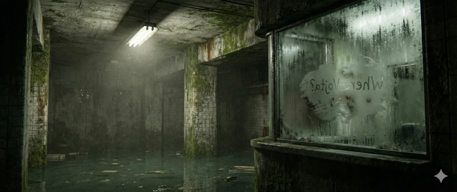 Soft water lapped in slow, tidal breaths as I stepped into the corridor’s green-lit hush, my boots sinking through the thin layer of flood still cycling across the tiles. A single fluorescent fixture pulsed overhead, its glow drifting like a patient metronome across mossed pillars and cracked walls. Whoever traced “Where Vojta?” into the steamed window did it with a deliberate, almost forgiving handprint—an effort that steadied the moment rather than haunting it. Their gesture lingers like an outstretched arm frozen mid‑reassurance.
Field Dispatch 44B notes this location as a recurring waypoint: humidity stable, runoff unchanged, scent of mineral seep unwavering. The room repeats itself across days, each visit echoing the last in shape and silence. I stand here to measure the patterns again, hoping one cyclical shift might reveal his trail. Yet the chamber holds firm in its serenity, releasing no fresh clue. The search moves onward, and Vojta stays unfound.