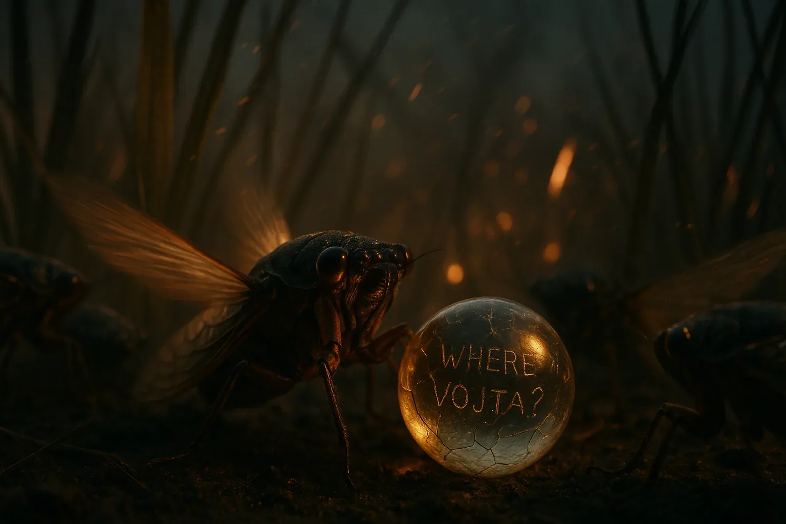 Wings tremble against the dusk as the first sparks drift low through the grass. They move in arcs, rising and settling, their rhythm as old as the soil that feeds them. One cicada braces at the edge, forelegs curled around a glass sphere like a vow gripped tight, the etched words glowing: WHERE VOJTA? They’ve carried it from stem to stem, guarding it with a ferocity that hums beneath their fragile bodies.
We stand at the boundary where sound would normally split the silence, yet tonight the chorus holds its breath. Patterns return each burning season—wings, fire, ash—but this search is heavier, more deliberate. Every circling ember, each pulse of life presses the question deeper into the earth. Vojta has not answered, and the night keeps its cyclical toll, while the guardians refuse to let the message fall cold.