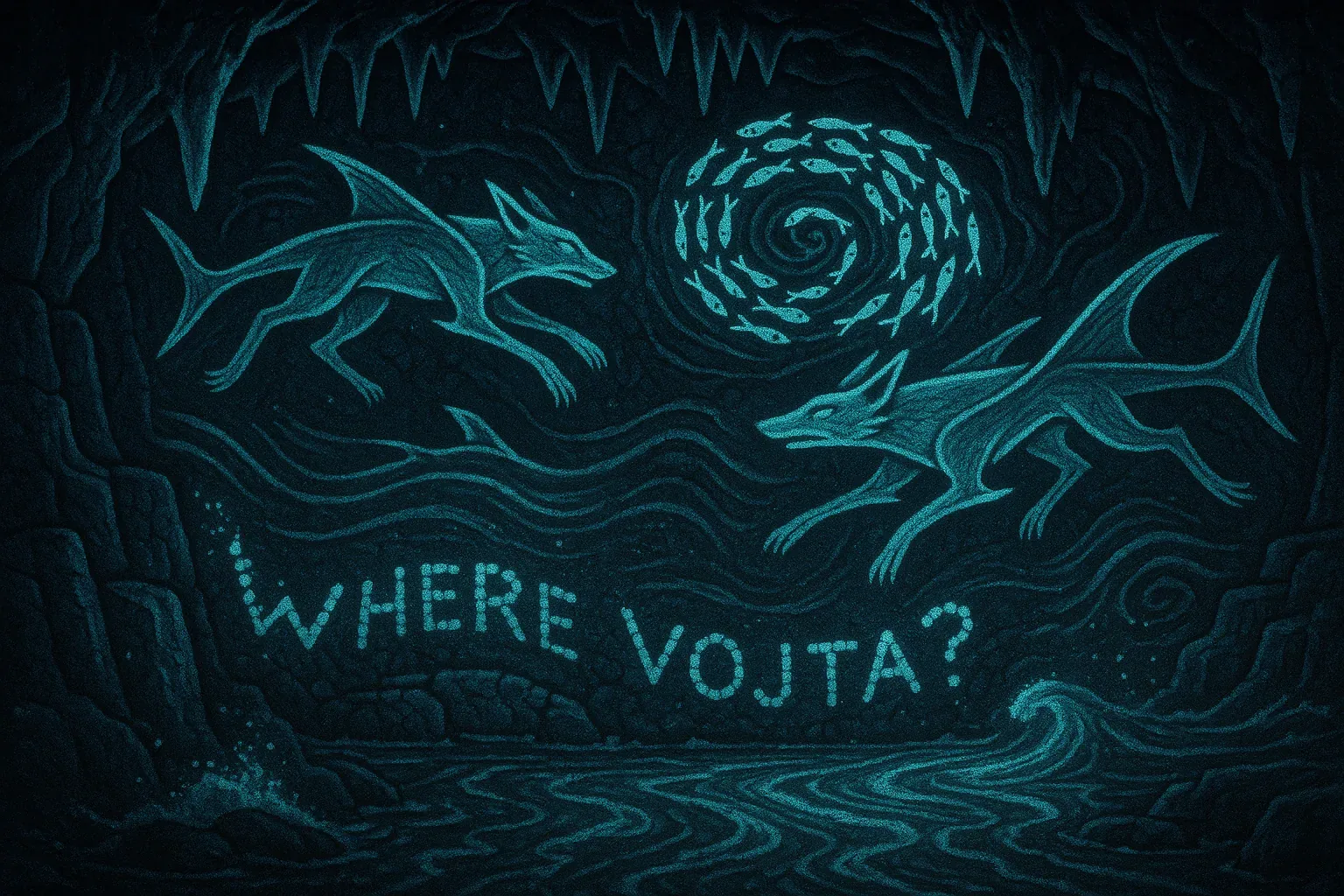 The cavern breathed with a hush older than kingdoms, its stone teeth arching like a cathedral abandoned to the sea. Strange glyphs shimmered where salt kissed the walls—the words *Where Vojta?* pulsed like a beacon of unfinished prayer. I traced the curves with fingers raw from the crossing, feeling warmth linger as though the message still glowed with his certainty. Once, on a storm-lashed deck, he spoke of foxes that swam like shadows, guardians stitched from myth; their shapes now coursed along the rock, mid-leap toward a whirl of silver fish spiraling like a clock wound too tight.
Time pressed against my ribs; currents funneled our hope forward as if the water itself kept count. Above, stalactites wore halos of phosphorescence, casting an accidental altar over our search. I believed rescue lay within that spiral’s eye, yet my call drowned beneath endless tide-churn. The drawings held their vow of motion, but the one who inscribed them—Vojta—remains dispersed in the darkening undertow, caught just beyond reach.