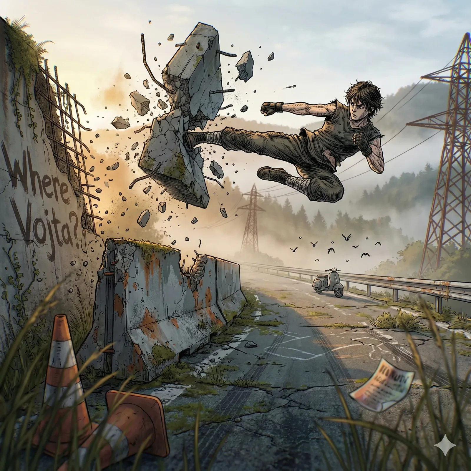 The kick detonates midair, a shout translated into stone. Rebar screams, grit flares like iron pollen, and the wall answers by confessing—Where Vojta? scraped in black, half-buried by the rupture. Powerlines hum a cold blue smell while birds scatter, black punctuation against a sky that refuses to look away. Down the road, a scooter idles crooked, waiting or listening, its metal tick syncing with the falling debris. Someone chalked symbols on the asphalt, lines converging where the impact shadow lands, as if this strike was rehearsed and memorized by the ground itself.
Trust fractures here. The pose promises protection, yet the barrier breaks inward, exposing rust and roots, secrets that wanted daylight. Cones tipped like warnings nobody heeded; a flyer flaps a dry whisper of names not finished speaking. This is not escape, it’s a message delivered with bone and velocity. Cameras could be anywhere—pylons keep watch, wires braid rumor across the valley. Did the question on the wall summon the blow, or did the blow erase an answer Vojta left once and never returned to claim?