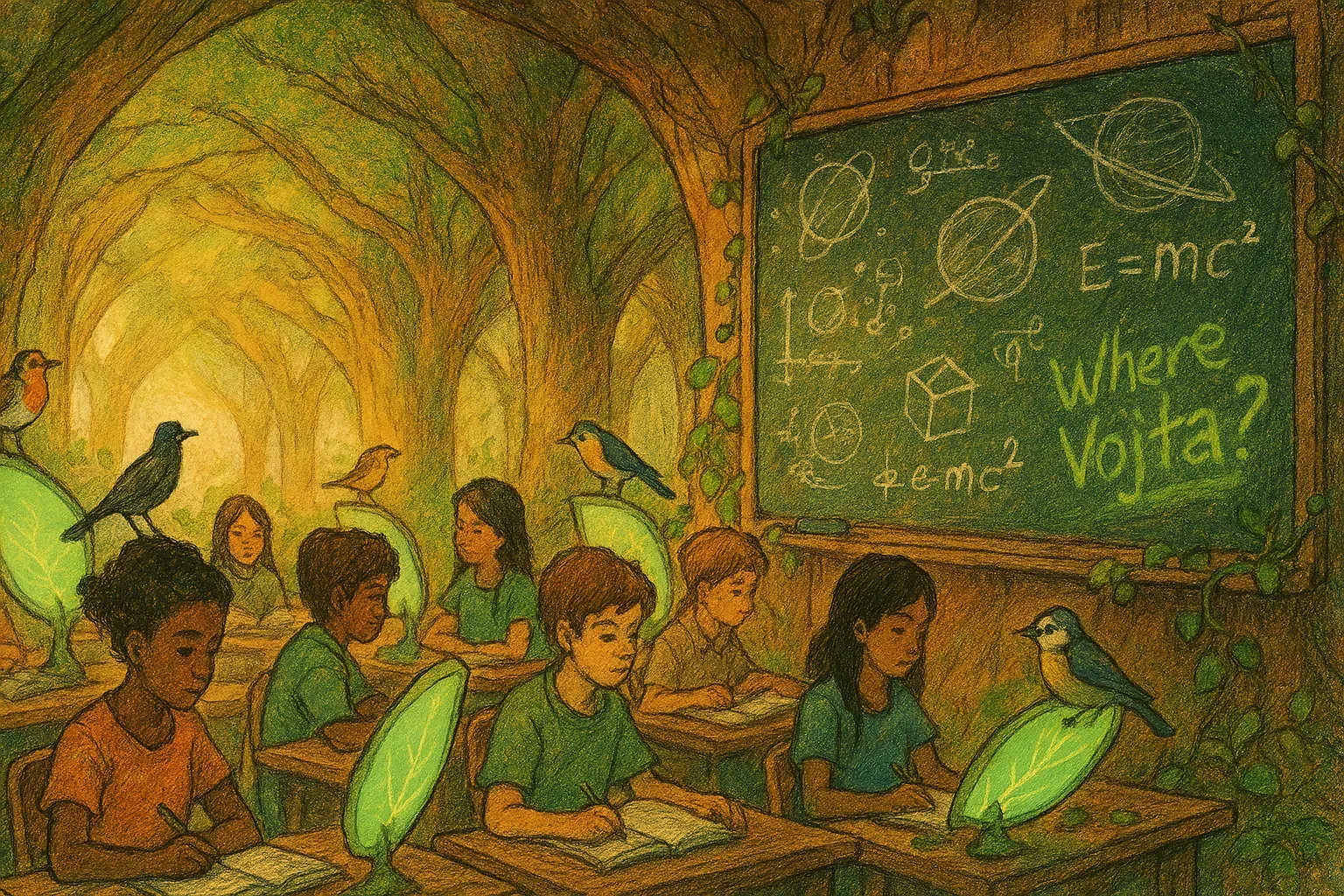 The classroom is carved from living wood, tree arches bathing rows of desks and leaf-shaped screens in a warm honey light. Children in green shirts write in notebooks while small birds perch on screens and chair backs, their hops and wingbeats folding scent and sound into a dry chalk-pine tang. A blackboard crowded with planets, a cube and E=mc^2 bears the chalked question Where Vojta?, surrounded by half-erased numbers and smudged diagrams.
Methodical marks and orbit sketches channel attention toward the arching trunks beyond the windows, but none of the diagrams yield a name or location. Shadows and uniforms seem to blur into leaf shapes in a fleeting metamorphosis while a notebook page flickers as if caught by a passing draft. The chalk plea remains; Vojta stays unfound and the room holds anxious, haunting traces that suggest movement outward rather than an answer.
