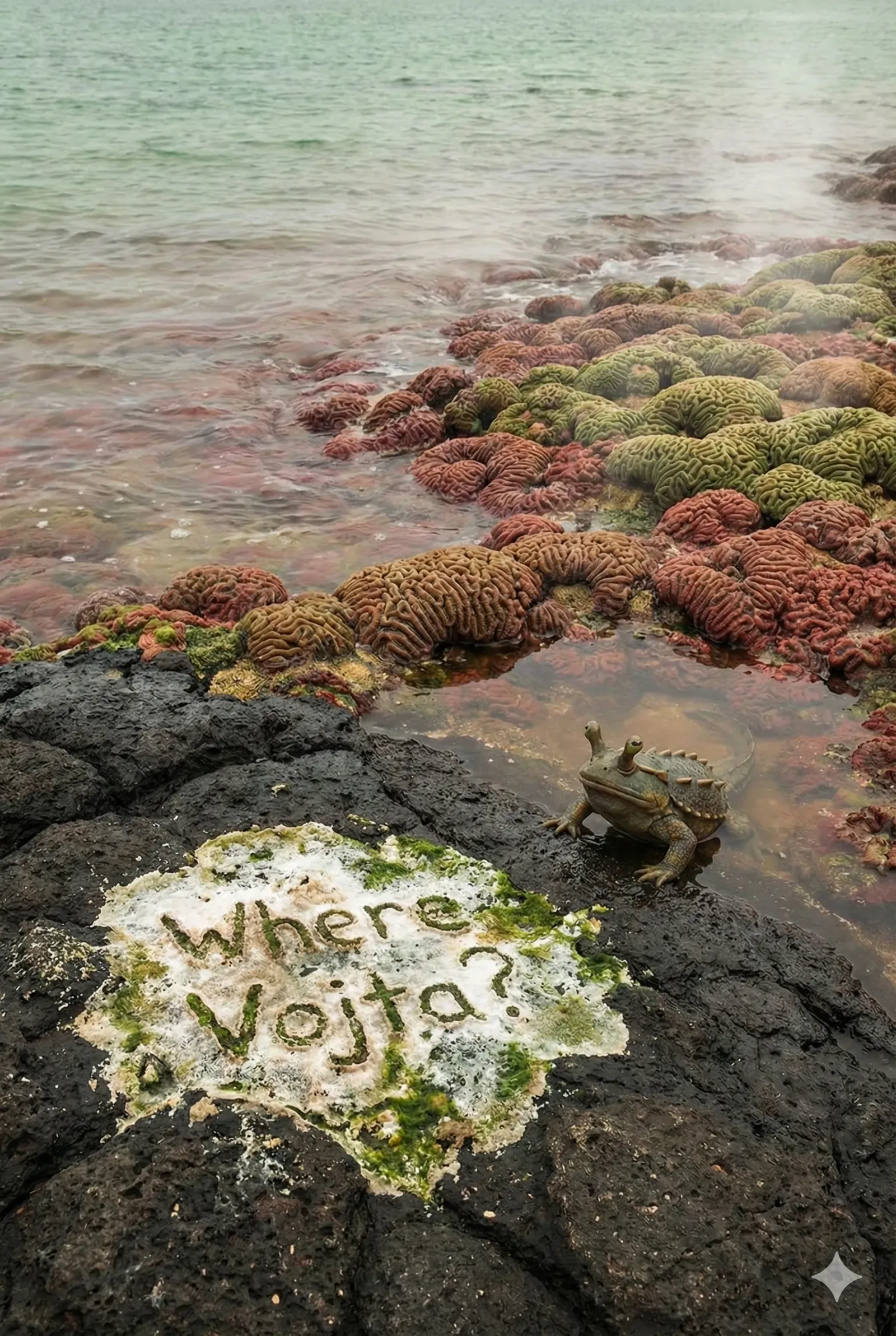 [Field Note 14.3] A quick gust rippled the mist just as I stepped onto the basalt, and for an instant everything held—coral knots frozen like sleeping thoughts, the little creature by the tide pool blinking at me as if guarding a secret it barely understood. I felt a small tug of yearning, the kind that sneaks in when the shoreline looks older than stories and the salt clings like a forgotten promise. Even the letters—Where Vojta?—etched in bleached crust and soft moss, seemed to glow with a child’s shaky determination.

A faint tremor pulsed through the living reef, almost playful, almost warning, and I pictured Vojta skipping stones here before the world turned quieter. The frog-thing edged closer to the carving, as though studying my reaction, but the moment folded in on itself before it revealed anything. I left the mark untouched, noting only that the tide remembers him, yet he remains lost to us still.
