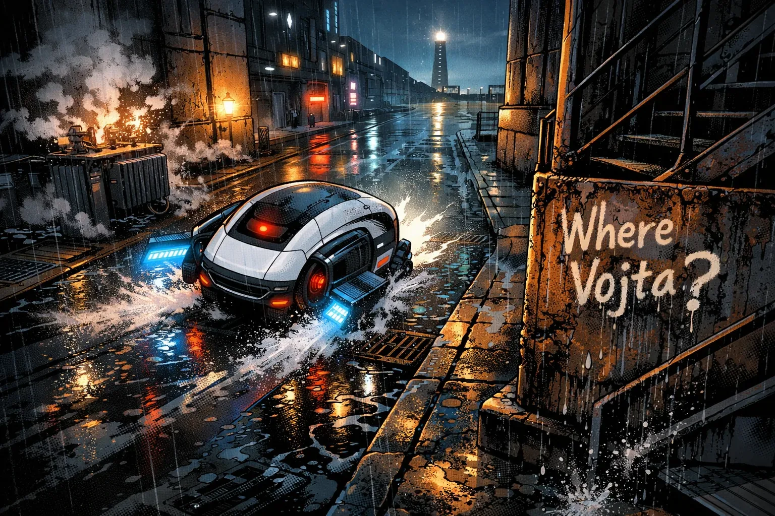The engine answers first, a low blue hiss cutting the flooded street as if daring the night to keep up. Tires slash water into clean arcs, and the vehicle squats forward, posture tight, impatient, leaving ripples to argue with the reflections of warehouse lights. Steam blooms from a rusted unit nearby, hissing like an audience that refuses to clap. Somewhere downrange, the tower blinks, counting time in slow white pulses, insisting this alley matters. The walls lean inward, graffiti-bitten, and one patch of paint presses a question instead of a threat: Where Vojta?
This place wasn’t chosen by accident. Rain baptizes every surface, slick and reflective, turning movement into proof of presence. The car pauses just long enough to feel watched, blue underglow vibrating against the gutter grates, then eases on, testing traction, testing memory. If Vojta passed through, he felt this same drag in his shoulders, this same stubborn pull between escape and confrontation. The street holds its breath. The question stays loud. Vojta remains unaccounted for.