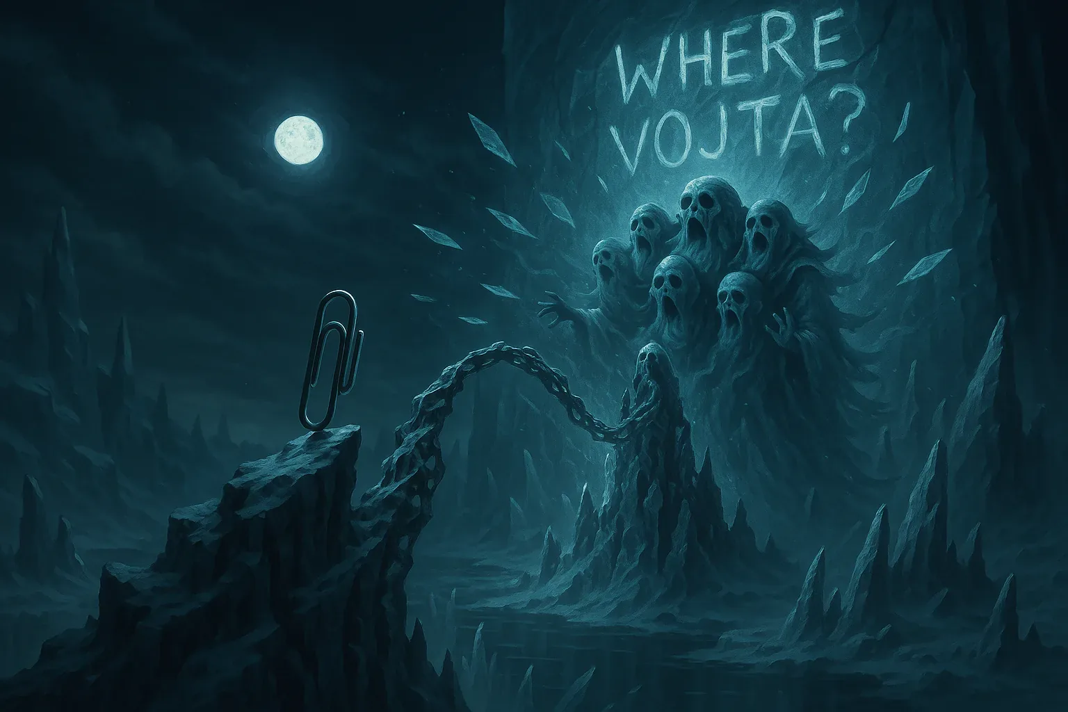 I reached the spike-bridge under a moon that burned white and cold, each shard embedded in the air like a verdict no one agreed upon. The chain writhed, sculpted from voices—tongues forged into iron, skulls stretched long with grief. They leaned from the cliff wall, a choir of warnings, carving that demand for all eternity: WHERE VOJTA? Even whispering those letters numbed my teeth, as though language itself resisted our hunt.
On the far peak, a solitary clip stood grim and defiant, sentinel of some forgotten ledger. Heat bled into me where there should’ve been frost, seeping from the chain’s metal breath, fever rising against the midnight chill. I thought of victory but carried only questions balanced on cracked stone: had he crossed before the bridge screamed awake, or does that relic mark where he sank? The gorge did not answer. Its silence hissed back through broken wind, and I went on knowing that Vojta is still unfound.