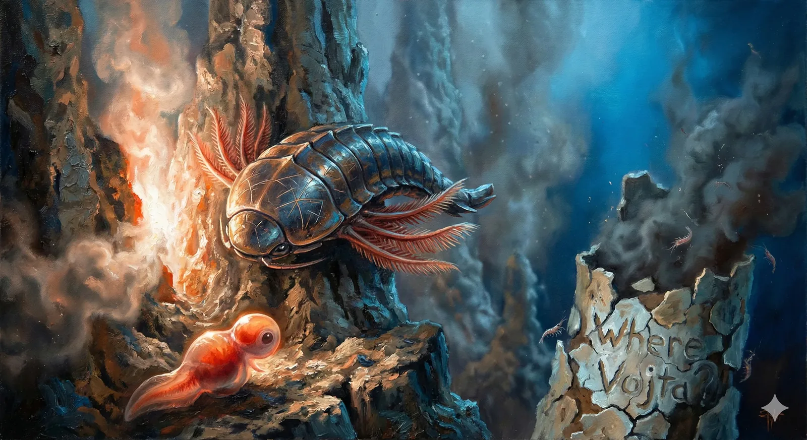 Heat ripples first, then silence. A bronze-shelled relic drifts beside the vent, its plated back catching glow from mineral fire, antennae combing the water like slow sonar. Below, a newborn fish hovers, translucent and red-veined, testing motion in a sanctuary carved by pressure and patience. The rock wall exhales smoke, ancient and electrical at once, as if the seabed remembers every disappearance.
On a broken pillar nearby, the words surface through erosion rather than ink: Where Vojta? The question refuses decay. It listens as vents roar like distant synths and silt falls in soft percussion. This place shelters life at the edge of collapse, yet it also archives loss, compressing it into stone. Did he pass through this depth, or does the question itself migrate, clinging wherever heat opens refuge? Currents accelerate, ash drifts, larvae scatter, and still the search pulses on—Vojta unaccounted for, carried forward by pressure and glow.