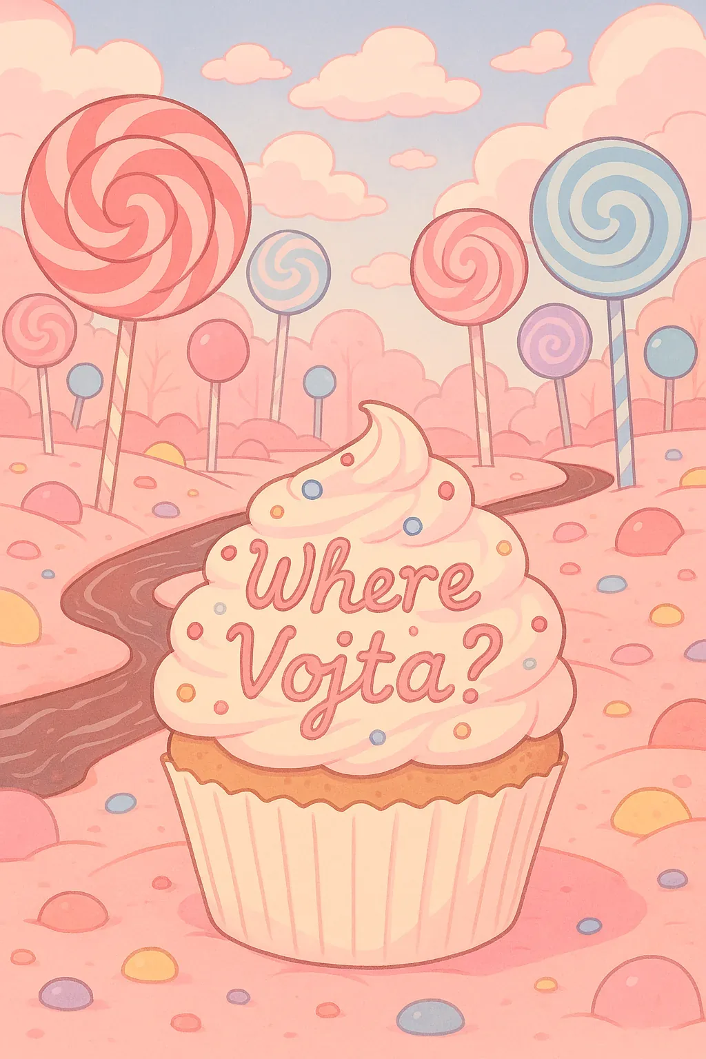 They say the swirl began humming before dusk, a low sugar-sweet murmur that drew him closer to the bend. Pink clouds hung like whispered secrets, and every candy pebble glittered as though expecting footsteps. A single chocolate stream split the path, curling from nowhere to nowhere, spilling rumors deeper than frosting.

On the cupcake crest, someone dared to scrawl a question with deliberate grace: *Where Vojta?* The letters gleamed like ransom notes disguised in sugar pearls, each loop clinging to warmth that didn’t last. A witness swore he heard a voice slip past the taffy trunks—“I only needed the recipe”—then silence, brittle and blushing. Now the lollipops tilt like indifferent sentries beneath a bruised pastel sky, and the air trembles with sugared suspense. Vojta dissolved into myth among these candied hills, and we are left to taste clues that melt before we can hold them.