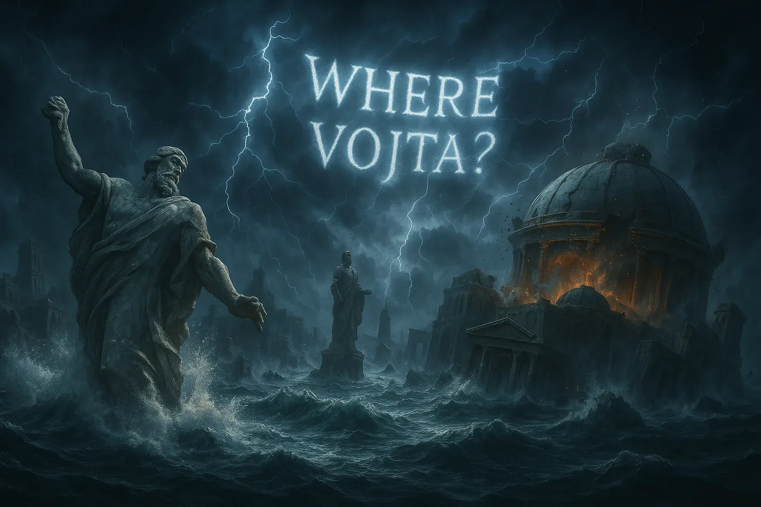 A drowned city crouches under a thunder sky, marble colossi rising from frothing water as waves batter fallen porticos. A domed temple smolders on the horizon, its rotunda glowing orange beneath sheets of lightning that bruise the clouds. Above the ruin, WHERE VOJTA? hangs like a planned sign, a pale, vibrating question that holds searchers' breaths.

Salt and ash cling to the statues' draped shoulders; one stone arm reaches as if to pull someone from the surf, the posture taut and proprioceptive in the stillness. Rumors turned the sky lettering into a rendezvous: maps folded into pockets, whispering parties converging here and then dissolving back into the wreckage, but Vojta remains unfound. Time feels suspended between each flash and the lulls of the tide, and every scampering ember and echo of thunder becomes a clue and a denial at once.