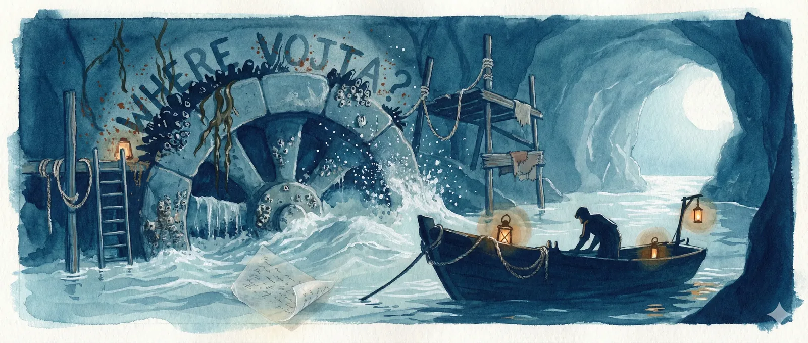 The rumor starts mid-churn, with the wheel coughing water against its stone ribs and the cave filling with that cold mineral smell. Someone painted WHERE VOJTA? above the arch before the tide reclaimed it; the letters still breathe beneath lichen and splatter. Lanterns burn low. A small boat noses the threshold between dark and exit-glow, its rope creaking, its lone handler bent over a folded page rescued from the eddies. Ink holds, barely. The paper smells of salt and iron, like a pocket kept too long.
Field note, clipped and passed hand to hand: 23:40. Tidal gate active. Ladder slick. Temporary platform unsecured. Subject not located. Document recovered, hand-script, partial cipher, margins torn. No additional voices heard. The wheel’s rhythm masks everything else.
They say he used this chamber as a hinge, slipping between routes while the water spoke for him. The cave exhales, sweet with algae and lamp oil. The exit shines without answering. The search tightens its circles, and Vojta does not surface.