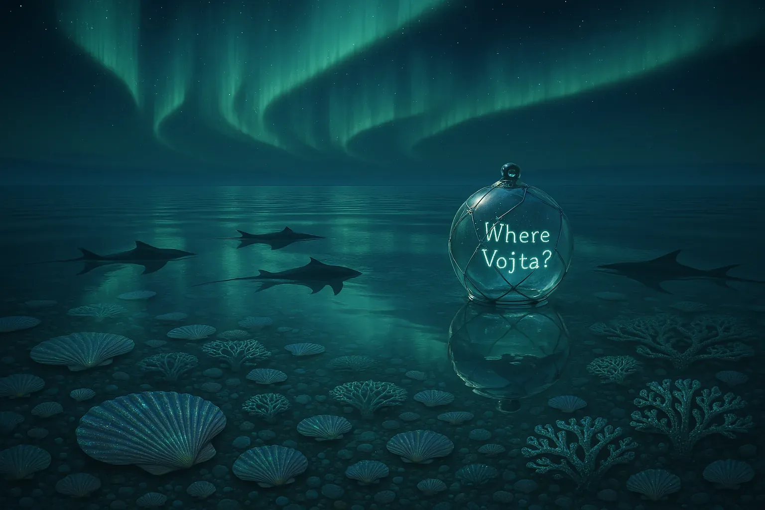 The sea whispered only in ripples, each one echoing the glow above where green ribbons draped the sky like breath held too long. Beneath, the shells glimmered like sleeping eyes, and the corals poised themselves as if mid-question. I saw the glass sphere balancing without tremor, its letters humming gently—*Where Vojta?* The sound hid inside the word, faint as chimes behind a door you never found.

Dark silhouettes sailed under the auroral sheen, moving sharp and patient, their fins slicing like drawn thoughts. Every quiet shape seemed to keep watch, yet none climbed from the deep to speak. Would he have walked across this mirrored skin if the lights stretched into ladders? Or did he slip lower, past the coral’s cold clutch, chasing something that sang? Even now the message glows against the dark tide, and still no one can point to where Vojta drifts.