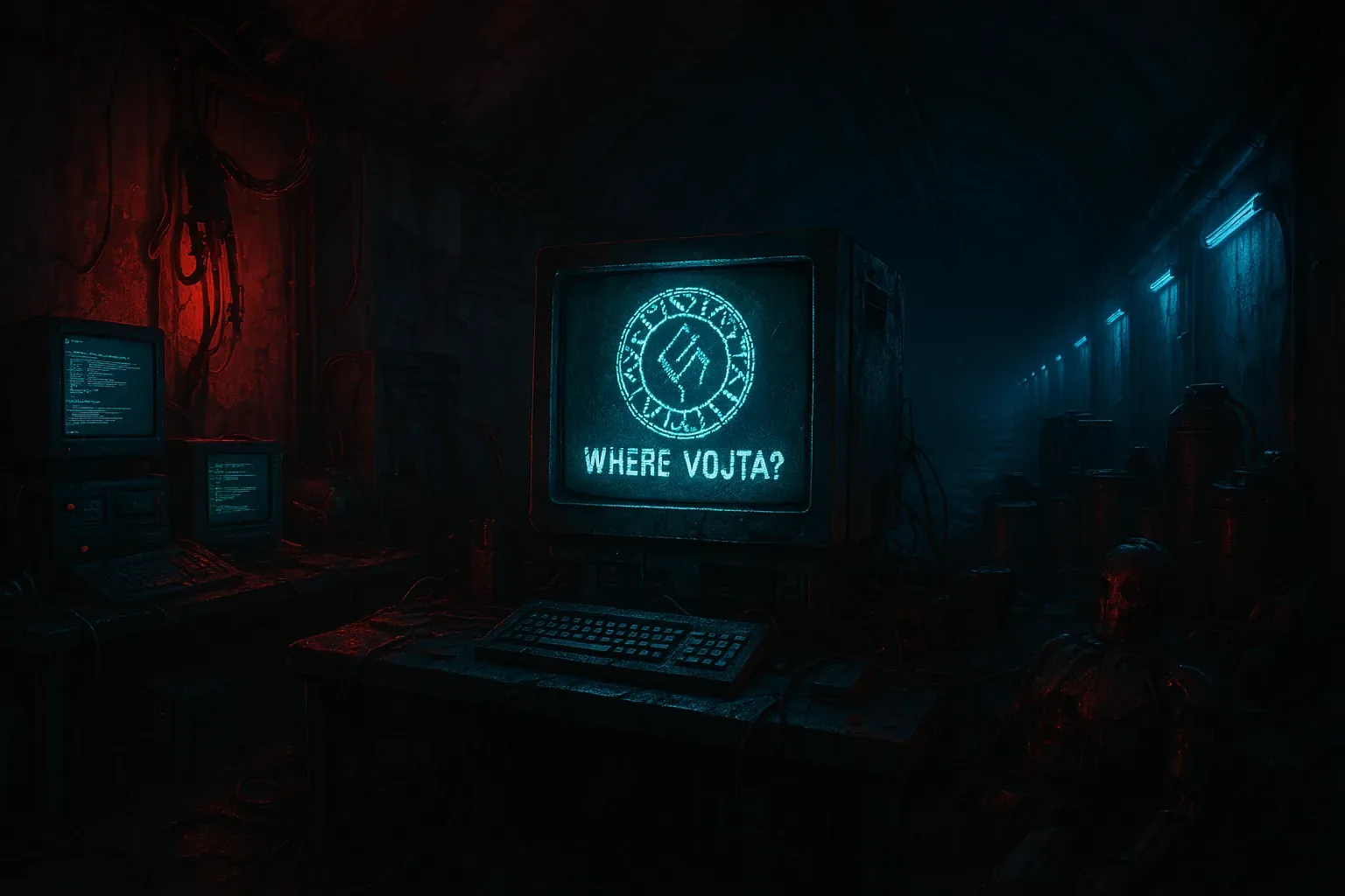 I came down worn steps into a tunnel that remembers boots; my coat is stiff with dust and my hands are callused from a long road. An old CRT sits on a battered desk like an altar, its blue sigil ringed with runes and the words WHERE VOJTA? burning in cold light. Red emergency lamps smear shadows across tangled cables while a line of cobalt sconces vanishes into twilight; the machines hum and the air holds a simmering warmth from failing circuits.

Beside the desk a rusted man-shaped form slumps against barrels, battle-worn and broken, while other terminals show lines of code that were once attempts to trace a name. I have followed those lines and worn paths farther than most, but the question on the screen stays open; Vojta is not here and has not answered. I set my pack by the keyboard and mark this dim station as a waystation, an ardent pilgrim kindling a quiet hope that will guide the next step of the search.