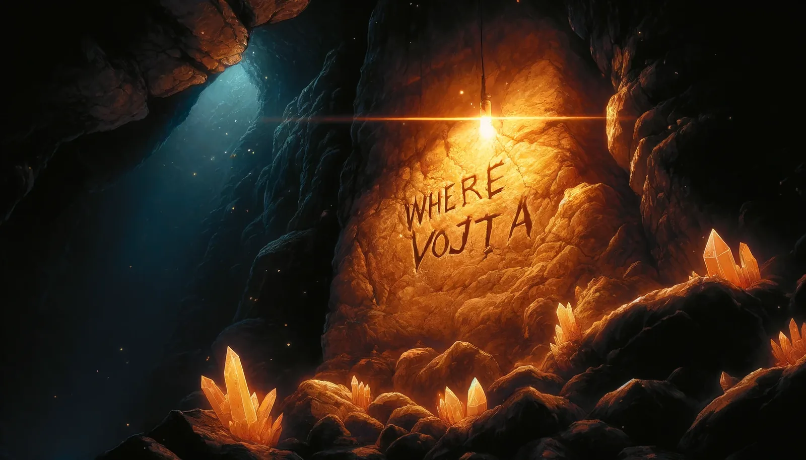 They had carved the words with clenched wrists, each strike echoing deeper than the chamber itself, as if the rock swallowed oaths alongside dust. The hanging bulb swung—bare filament flaring against the amber shards embedded like accusatory teeth—casting quick, skeletal shadows that stretched and recoiled in rhythms only watchers would understand. No one speaks of the ladder now missing, but the scrapes on the stone rise too cleanly not to imply ascent.

A ritual still hums in the air: breath held, spines rigid, palms grazing the glowing crystal tips like priests invoking fracture or clarity. Simultaneous scenes flicker—reflections on those facets suggest movements beyond the frame, wrists outstretched in prayer or restraint. The ceiling’s slit of blue insists on escape yet presses downward, twisting hope into feverish urgency. The etched question burns brighter than the lamp, consuming certainty, declaring what all their searching will not resolve: Vojta remains beyond reach, and the watchers are not done intervening.