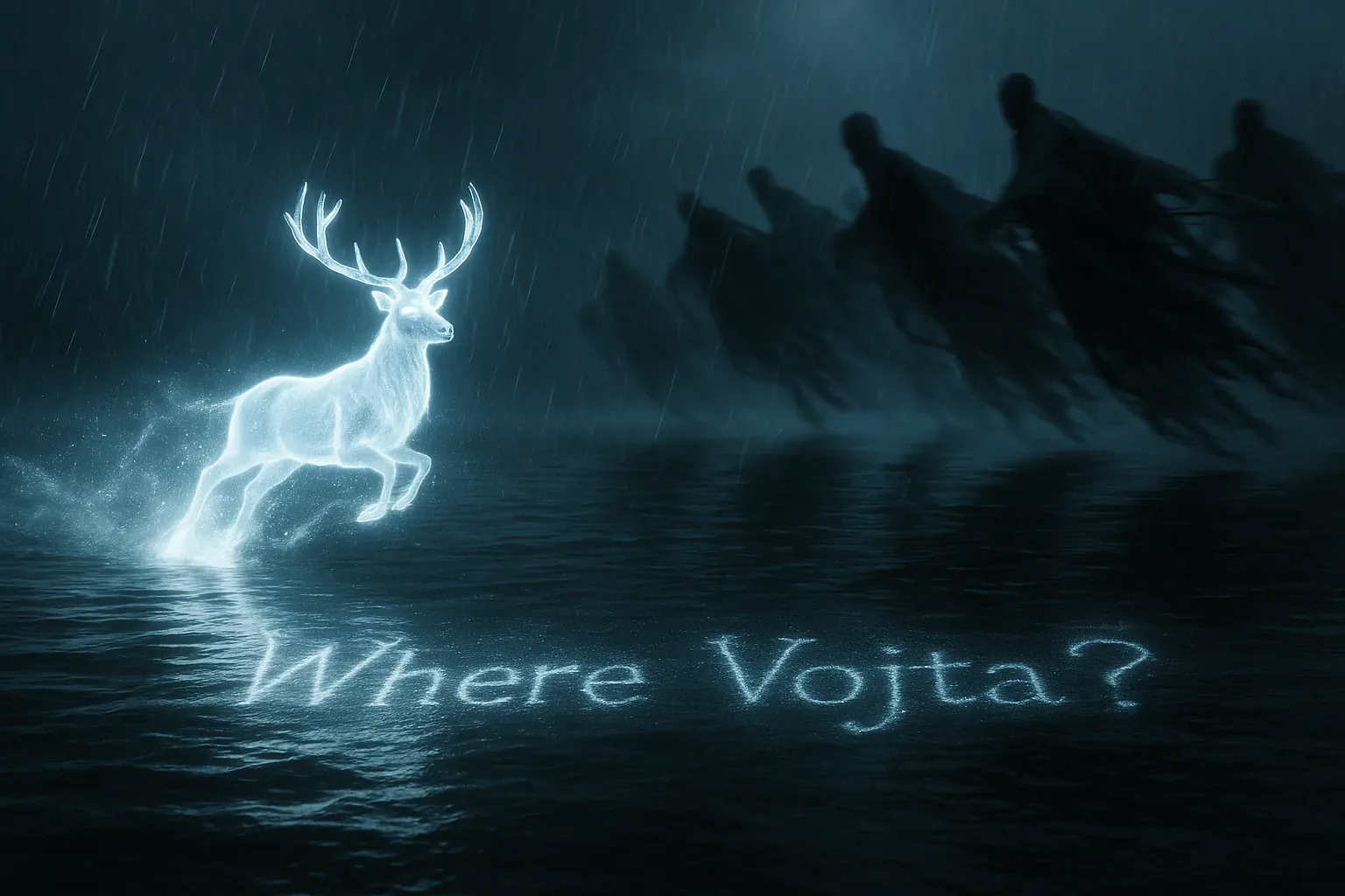 [Entry 07:03h] Rain sketched knives across the water when the stag erupted in light—too blinding, almost jubilant, yet wrong against the hollow tide of cloaked figures converging like a chorus of silence. Every ripple feels reversed, as if stepping backward through hours we thought were secure. The beast does not run so much as carve insistence into the dark, an argent script looping into that question none of us speak aloud anymore: *Where Vojta?*
I sensed their betrayal before their gowns fully formed—collars pried open, arms stiff, like marionettes jerking inward. No torches here, only the cold hymn of rain and the pulse in my own wrists urging flight. If the stag is truly his sign, then he is not safe; maybe never was. My fingers still ache from gripping the iron balustrade when the call came. We follow its glow deeper, hoping the reflection answers—but he remains unaccounted for, and the night keeps swallowing our certainty.