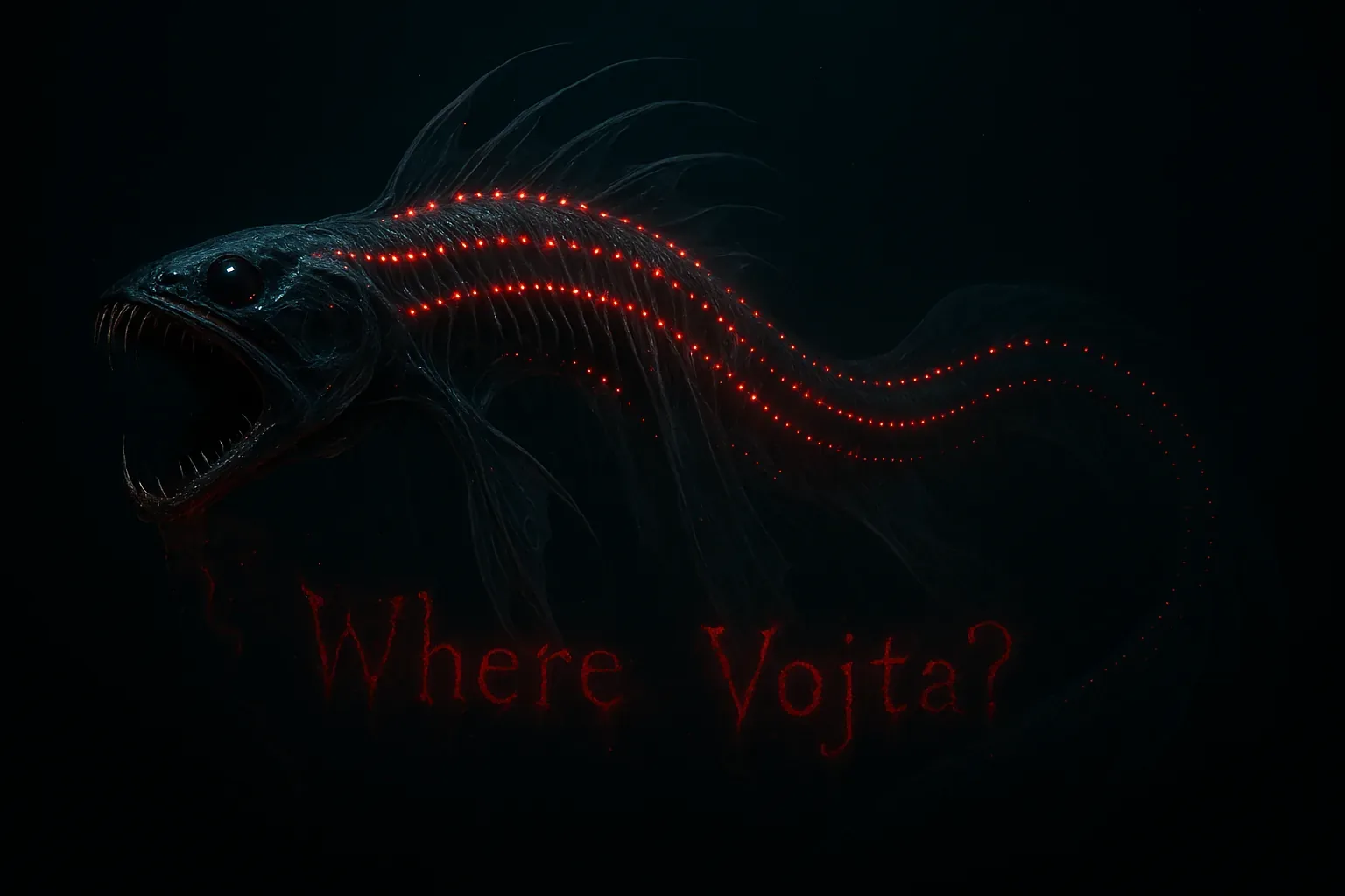 It moved through the dark like heat bleeding under ice, a ribbon of dim embers strung along bone. Each red point trembled as if whispering wordless bargains, but the jaw—those teeth—spoke only of endings. Whoever etched the question, jagged and glowing, pressed it low enough for the current to bite at its edges: Where Vojta? Was this plea carved in hope or warning?
I keep circling what little we know: the body bends in an impossible coil, its shape neither wholly fish nor phantom, yet held by lawless hunger. What frontier is this, where light masquerades as bait and names are dragged into the trenches? The trail feels heated from some hidden furnace, yet everything else reads cold, deeply so. And Vojta—if he ever touched this glow—is still unaccounted for, pulled further beneath an ocean we do not understand.