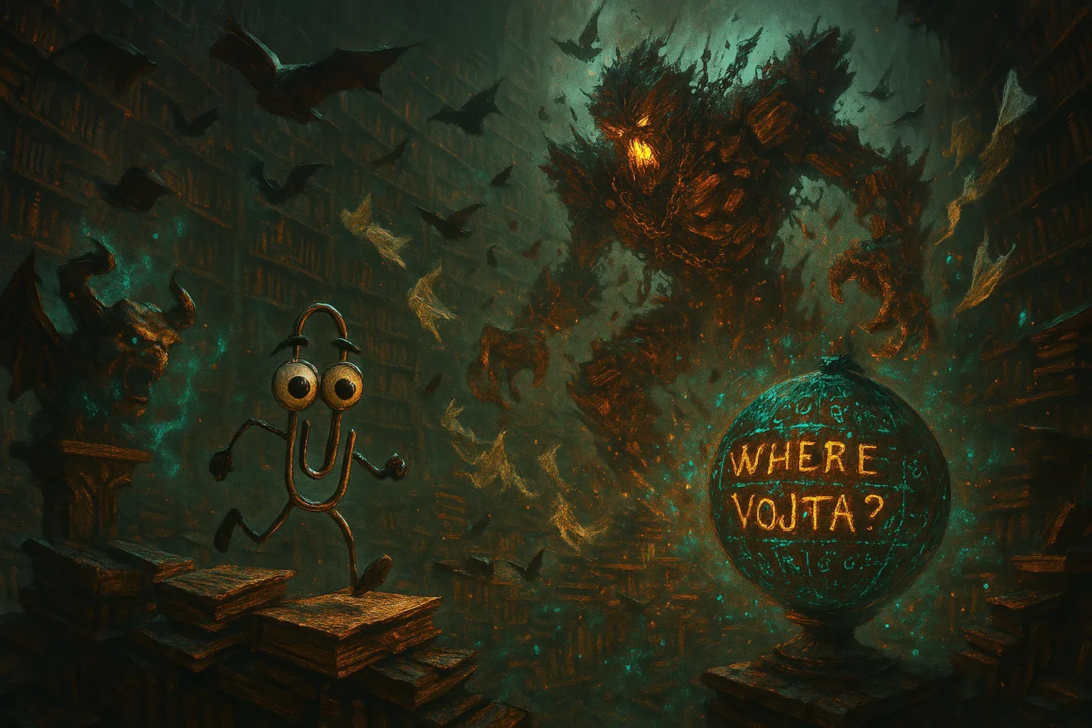 Pages flew like startled birds when the first roar split the hush, and I hurled myself between the shelves to hold the boundary. The gargoyle statues still burned from earlier whispers, their turquoise glow leaking promise into the gloom. Tonight the rendezvous pivoted on a single sign, etched bright across that emerald sphere: Where Vojta? Our plan had been scrawled in fragments before the ink bled—now it thrummed like a countdown in my ribs.
I remember when Clippy staggered into this archive, still grinning through bent wire, asking if anyone needed help; we laughed then, softer times folding into this storm. Now his spindly limbs pump hard over uneven tomes, body pitched forward, taut against the surge of winged silhouettes. The giant of embers descends, chains dragging like iron omens, and every breath says protect the stacks, guard the name. Yet through all this accelerating chaos, there’s no glimpse of him—Vojta remains untold, a question carved in light and dread.
