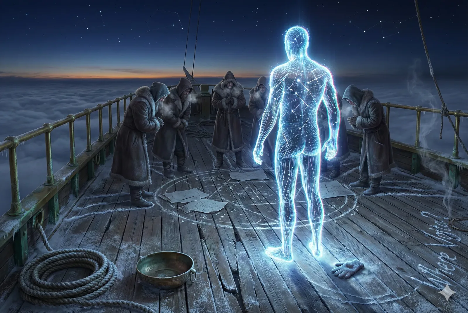 The deck pitches gently as the light coheres, a figure braided from stars and frost-blue lines, standing where chalk circles bite the planks. I smell cold rope and metal, brine and old incense ground into the seams. The elders keep their hoods tight, breath blooming, palms tucked as if prayer could warm the air. Someone rang the bell twice earlier—impatient, wrong—and the sea answered by lifting us above the clouds. Pages skitter near the glow, diagrams smudged, an heirloom case open where my grandmother once tucked her compass. I note the time in the margin: 23:41, wind rising.

This was not a summoning; it felt more like an answer arriving without credentials. The light steadied, then brightened, and the men bowed lower, counting under their breath. I followed the lines on the deck, salt-sweet and pungent, tracing them as I have traced bloodlines and rumors across decades. Every witness insisted Vojta would step through if we held the circle. Instead we learned patience again. The glow thinned, clocks ticked faster, and the sea kept its counsel. Vojta remains unaccounted for.
