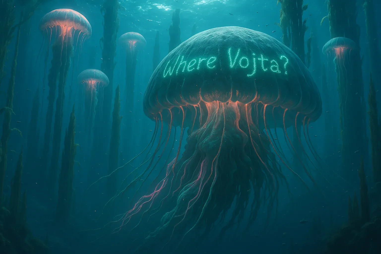 Signal intercepted during fourth descent: bioluminescent glyphs traced across the dome of a single great jelly. Words legible only when our lamps died, surrendering to the deep’s own script—*Where Vojta?* The kelp spires formed corridors that swayed like worn pews, their patient tremor whispering of an older creed. I noted the coordinates, though the pressure crushed my joints and lungs sang with salt despair.
Crew murmurs say he bargained too far, chasing a horizon below horizons. If these giants bear his plea, then even the abyss respects some oath of loss. Their slow pulse drew us downward, tether by tether, into blue-black silence that felt sanctified and stern. No debris, no tethered tools—only this procession of living lanterns marking a question no tide will answer. Vojta remains elsewhere in the dark, and the dark holds steady its secrets.