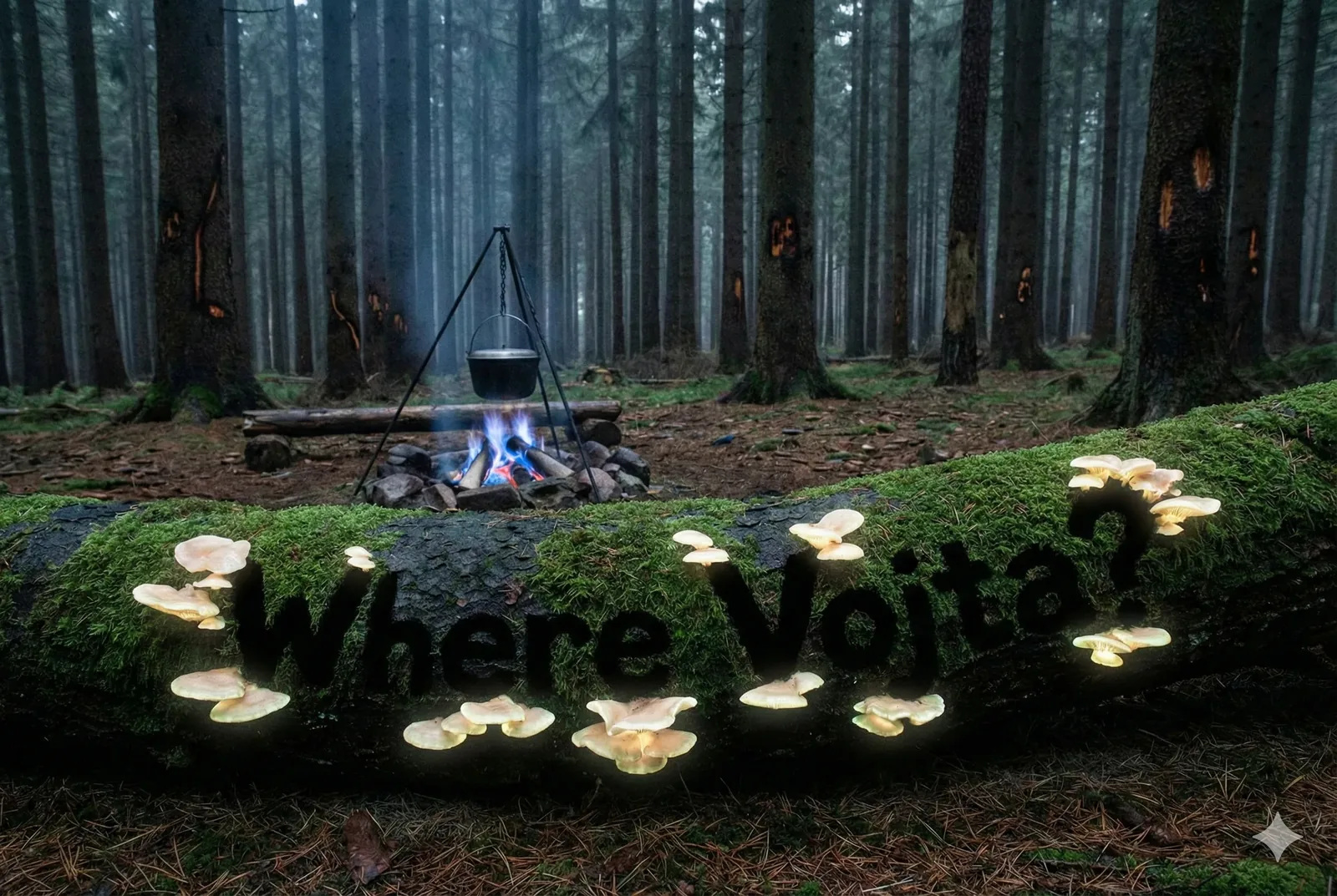Smoke spiraled in thin, urgent lines as the first pale light pressed through the forest columns. Whoever struck the campfire left traces of cloves in the air, a faint aromatic thread circling the iron pot like a whispered spell for safety. Shadows of towering pines framed everything too neatly, as though the trees themselves conspired to keep secrets out of sight.
They carved the plea into the fallen trunk, dark letters devoured by moss and haloed by fungal glow: Where Vojta? I ran my fingers along the damp grooves and tried not to shiver. “Keep them warm, whatever happens,” someone had barked before vanishing between bark-scars that looked like warnings. There’s haste in the ashes and dread in the silence—a guardian fled mid-charge, leaving only steam, spice, and this message open to the dawn. Vojta is still gone, and the forest feels like it intends to keep it that way.