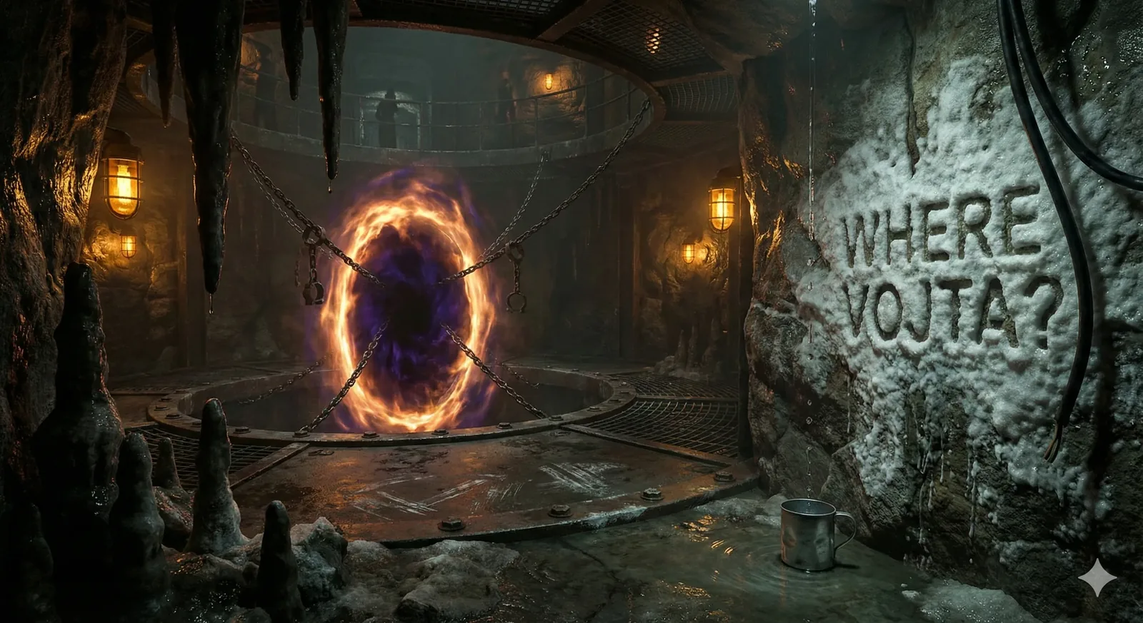 I arrived while the chains still sang. Each link bit into the light, holding the oval fire fast over the drain like restraint could fix what history cracked. Frost crept down the stone ribs and stalactites bled slow drops, hissing when they struck the metal deck. The lamps burned low and stubborn, prison-yellow, revealing scuffs where boots once rallied and circles where people stood and decided not to run. Someone scraped a warning on the wall—Where Vojta?—and the ice tried to bury it, failed. Even the cup left by the rim needed heat; it steamed once, then kept watch.

We learned to bargain with thresholds here. Feed them time. Brace them with iron. Keep a human distance. The legend says if you listen long enough, the gate repeats names it swallowed; I heard only breath and pressure, the kind that bends vows without breaking. I held the line while others searched the tunnels, believing in small mercies like intact chains and unbroken lights. When the glow dimmed and shadows thickened, the question stayed sharp in the cold. Vojta did not come through. He remains unaccounted for.