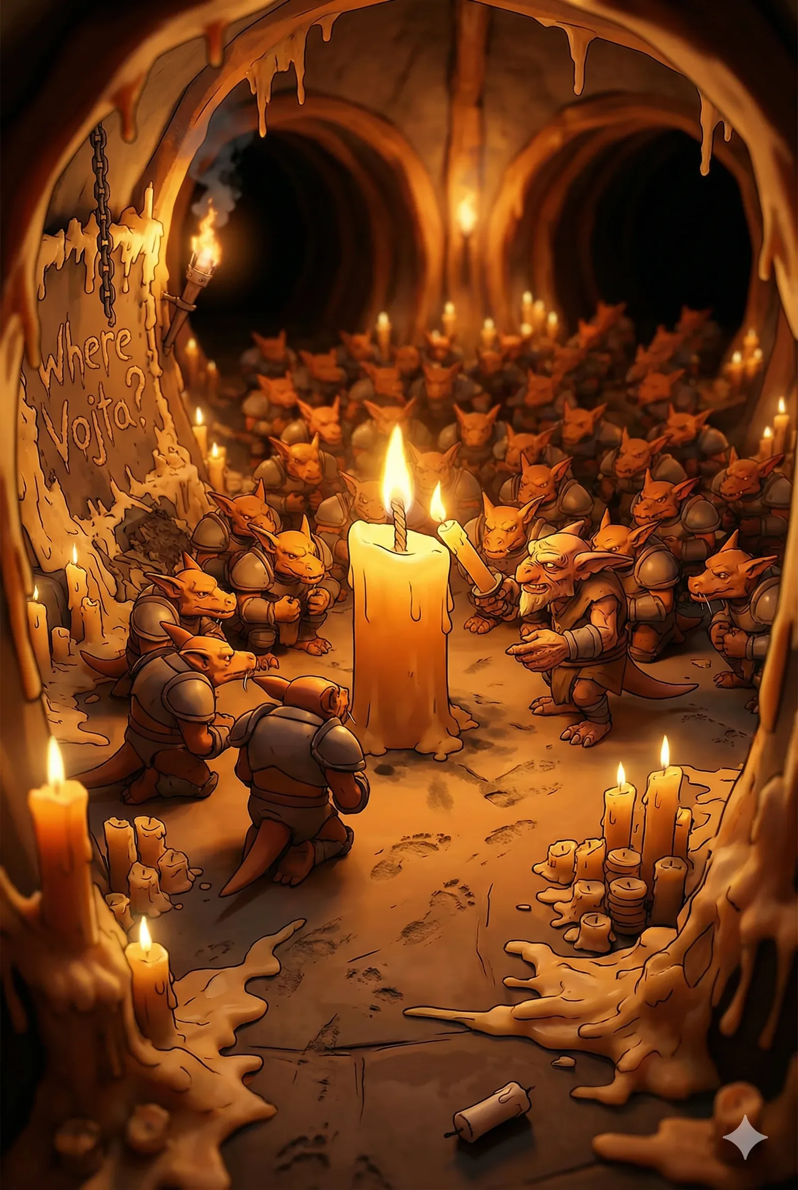 Heat carries the moment before the words do. Knees grind into sticky stone as the front rank settles, shoulders squared, tails twitching for balance around the central flame. Wax sighs, slides, and hardens again. Someone lifts a taper higher, testing the light, and the crowd of small armored bodies leans in as one, breath synchronized, confidence pooling despite the confined tunnel. The scrawl on the damp wall—Where Vojta?—catches a flicker, left behind like a dare no one has yet claimed.
The elder gestures with both hands, not commanding but inviting, palms up, posture loose yet alert, while a younger scout angles sideways, already doubting this stationary counsel, boots itching for corridor and risk. Chains clink, armor creaks, and the candles answer with accelerated drips, time marking itself in soft impacts. They argue in whispers and glances, planning routes the light cannot reach, celebrating this small harbor of resolve before movement. Victory breathes briefly here, contained, then thins. The search tightens, paths diverge, and even with all this flame, Vojta remains unaccounted for.