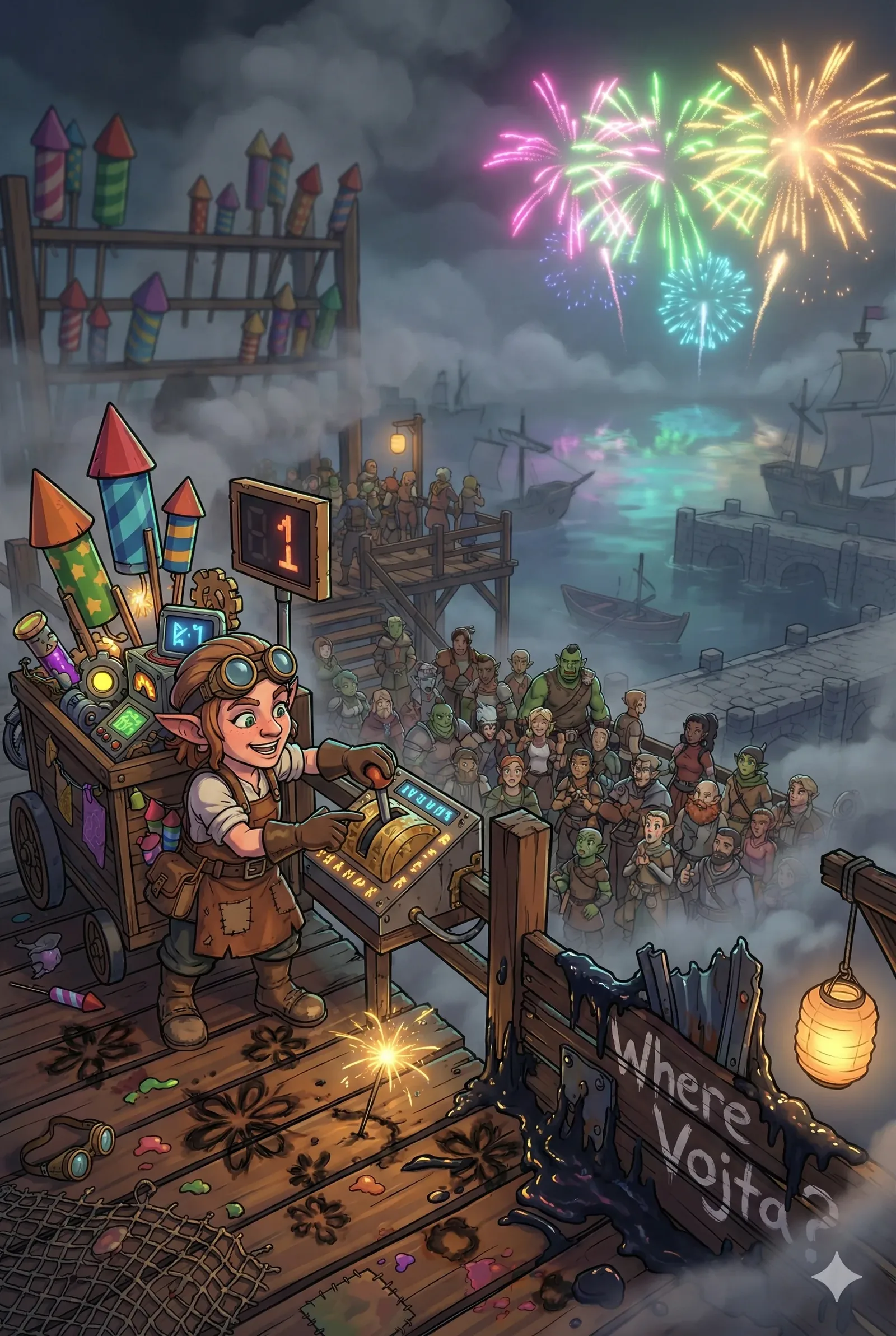 The lever slams down and the deck shivers, sparks skittering across tar-dark planks while color punches the sky. Smoke rolls low over the harbor, and fireworks flower green, pink, gold, their reflections trembling in the water between moored boats and the stone pier. I stand guard at the console, fingers gritty with fuse dust and oil, feeling the notch-cold metal bite as the counter ticks up. The crowd presses forward behind the railing—leather sleeves brushing, breath warm—transformed by the blast into believers, faces lifted, shadows split and doubled by light.

This waypoint exists because joy draws witnesses, and witnesses remember. The rack of rockets looms like a stitched skyline, waxed paper rasping in the damp, and a paper lantern sways, shielding the edge where someone could slip. On the fence, the scrawled Where Vojta? catches sparks and soot, a question nailed to the night so it won’t wash away. Ships hold station, ropes creaking, as if listening. We celebrate and we barricade, cratered boards under our boots, scanning beyond the glare. The sky closes again, and Vojta remains unaccounted for.